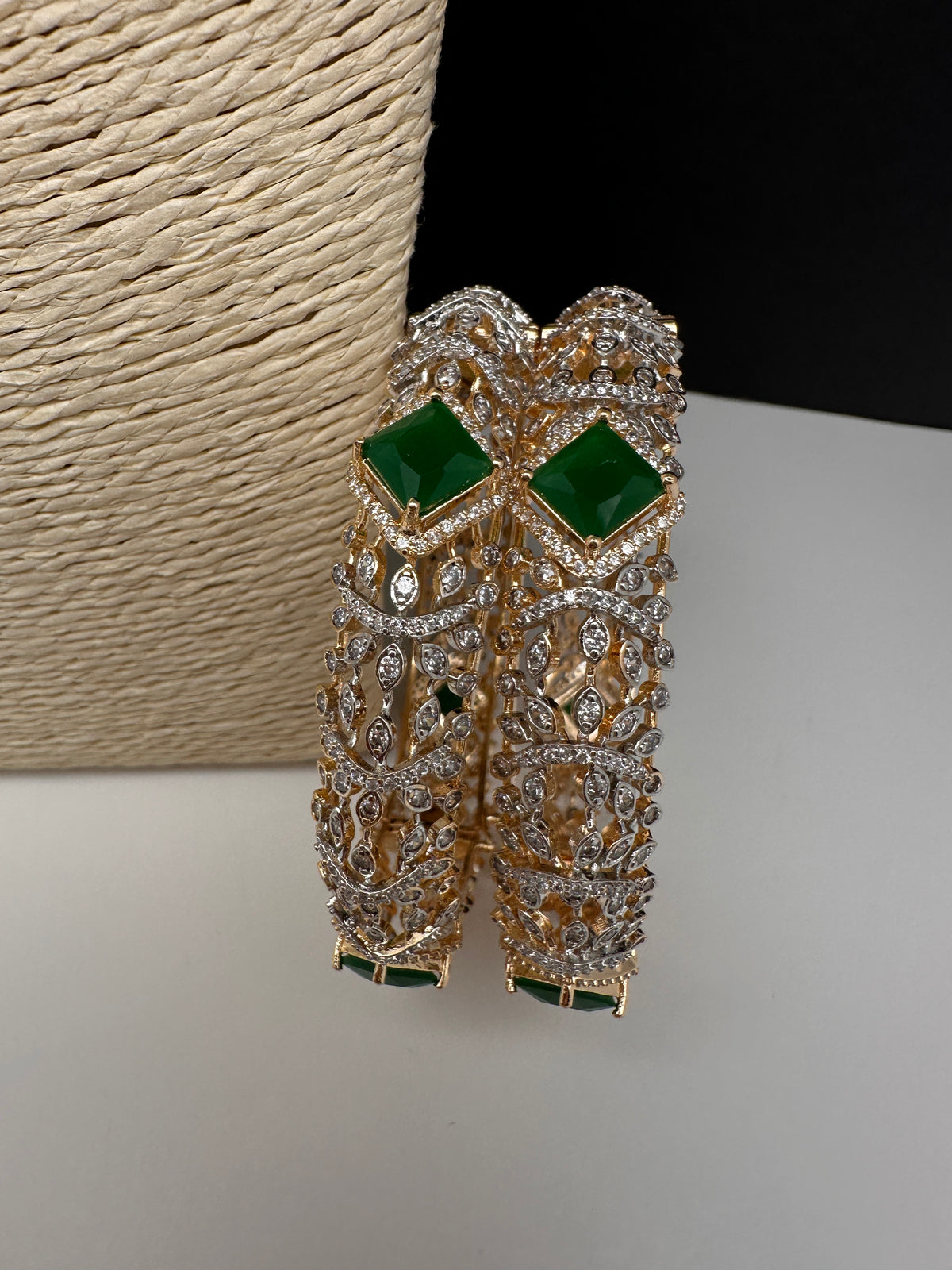 AD green stone golden openable bangles - Indian jewelry pair