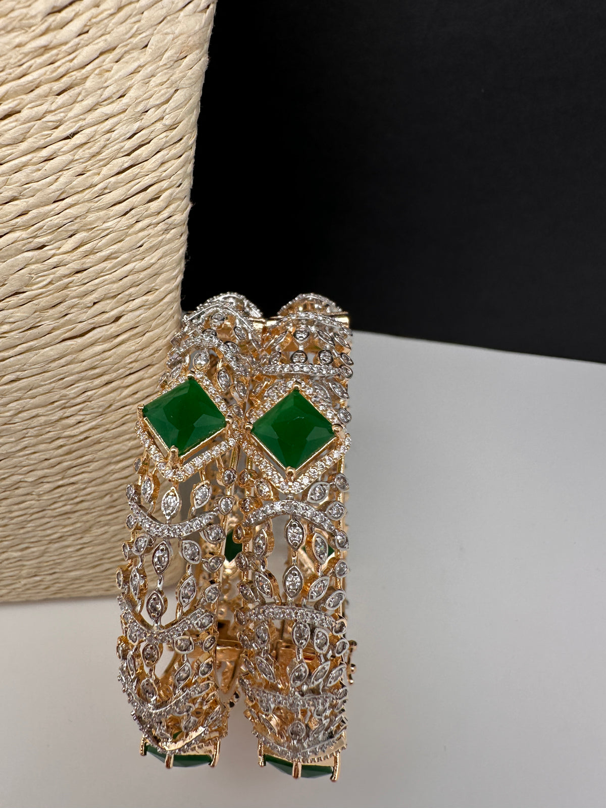 Golden openable AD green stone bangles for weddings and festivals