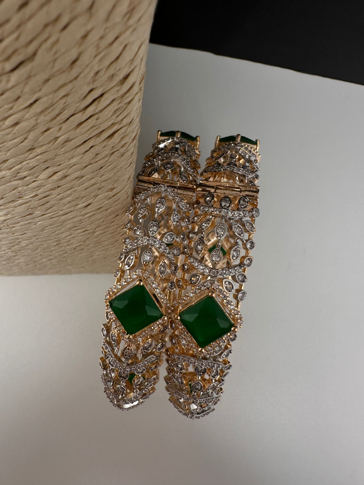 AD emerald green openable bangles pair in golden finish