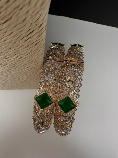 AD emerald green openable bangles pair in golden finish