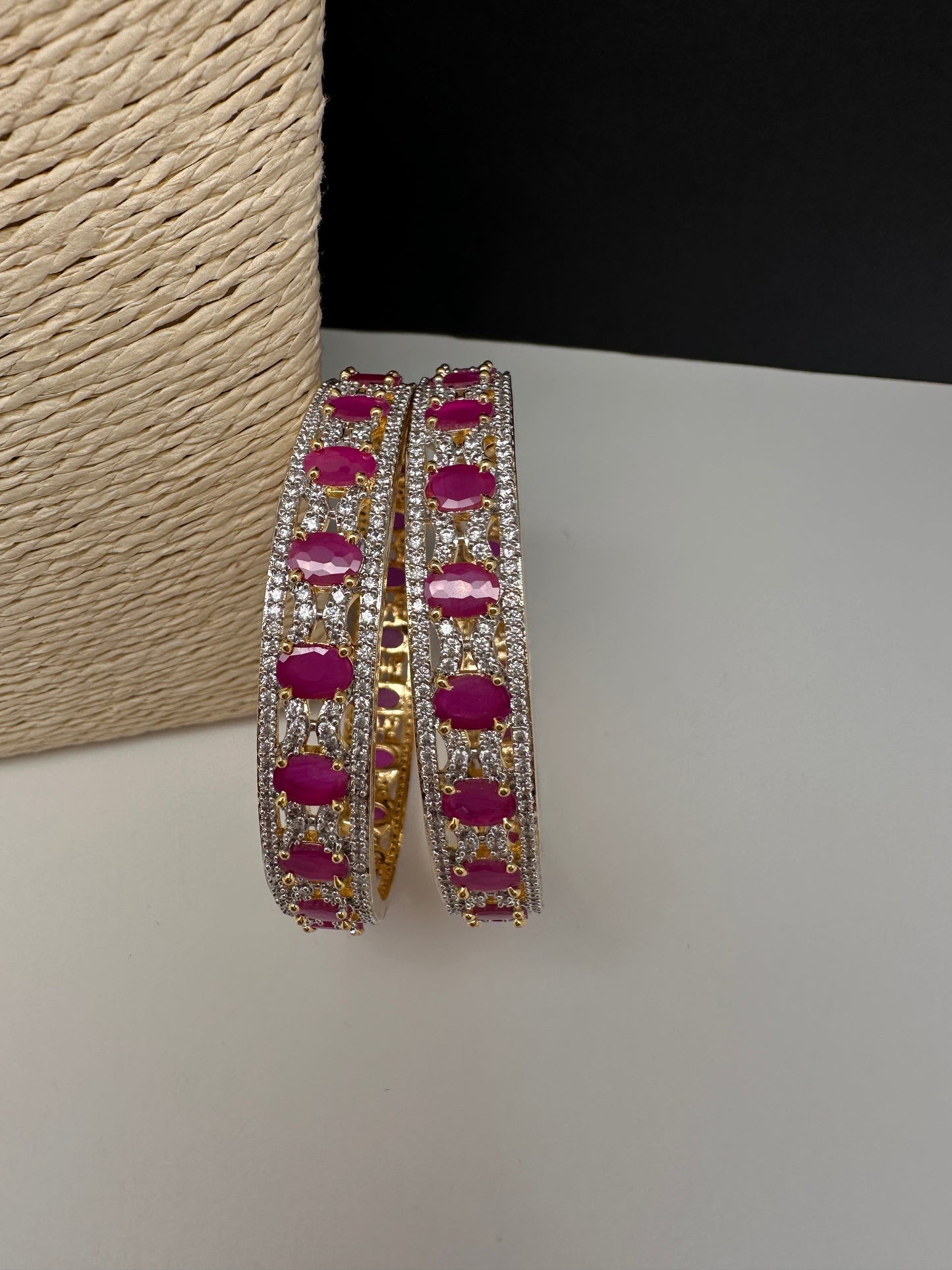 AD ruby red stone bangles pair in golden finish