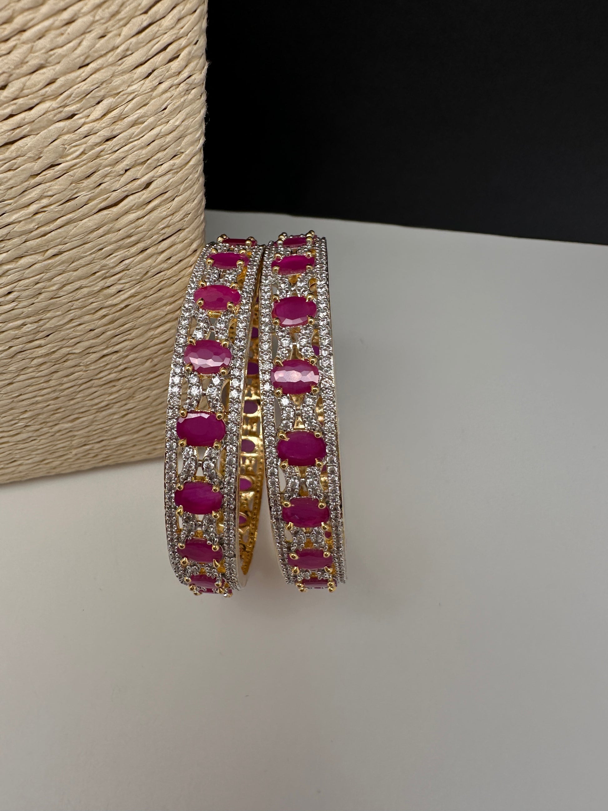 AD ruby red stone bangles pair in golden finish