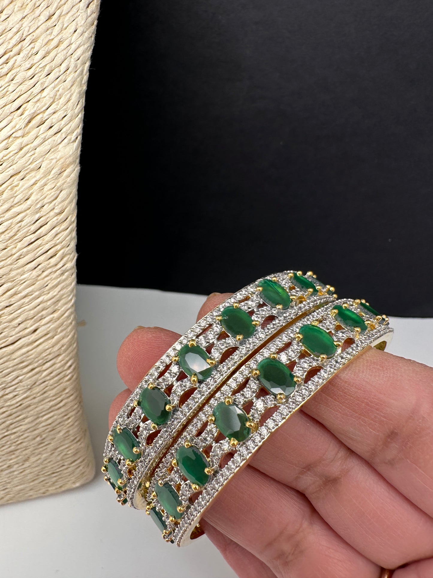 Golden AD green stone bangles pair for Indian weddings
