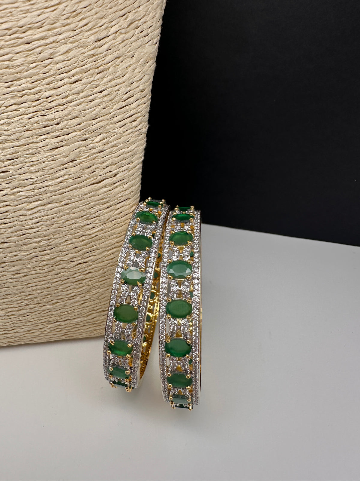 Elegant golden emerald green AD bangles - festive jewelry pair