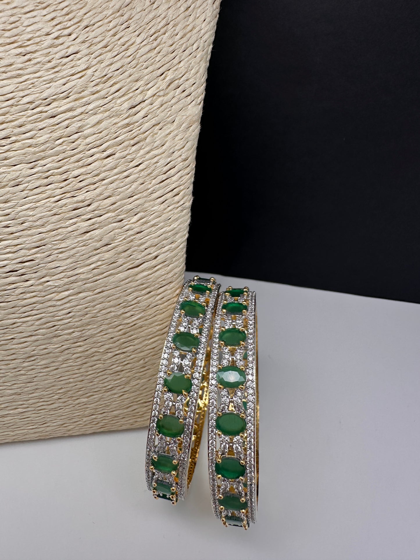 Green stone AD golden bangles pair - traditional Indian jewelry