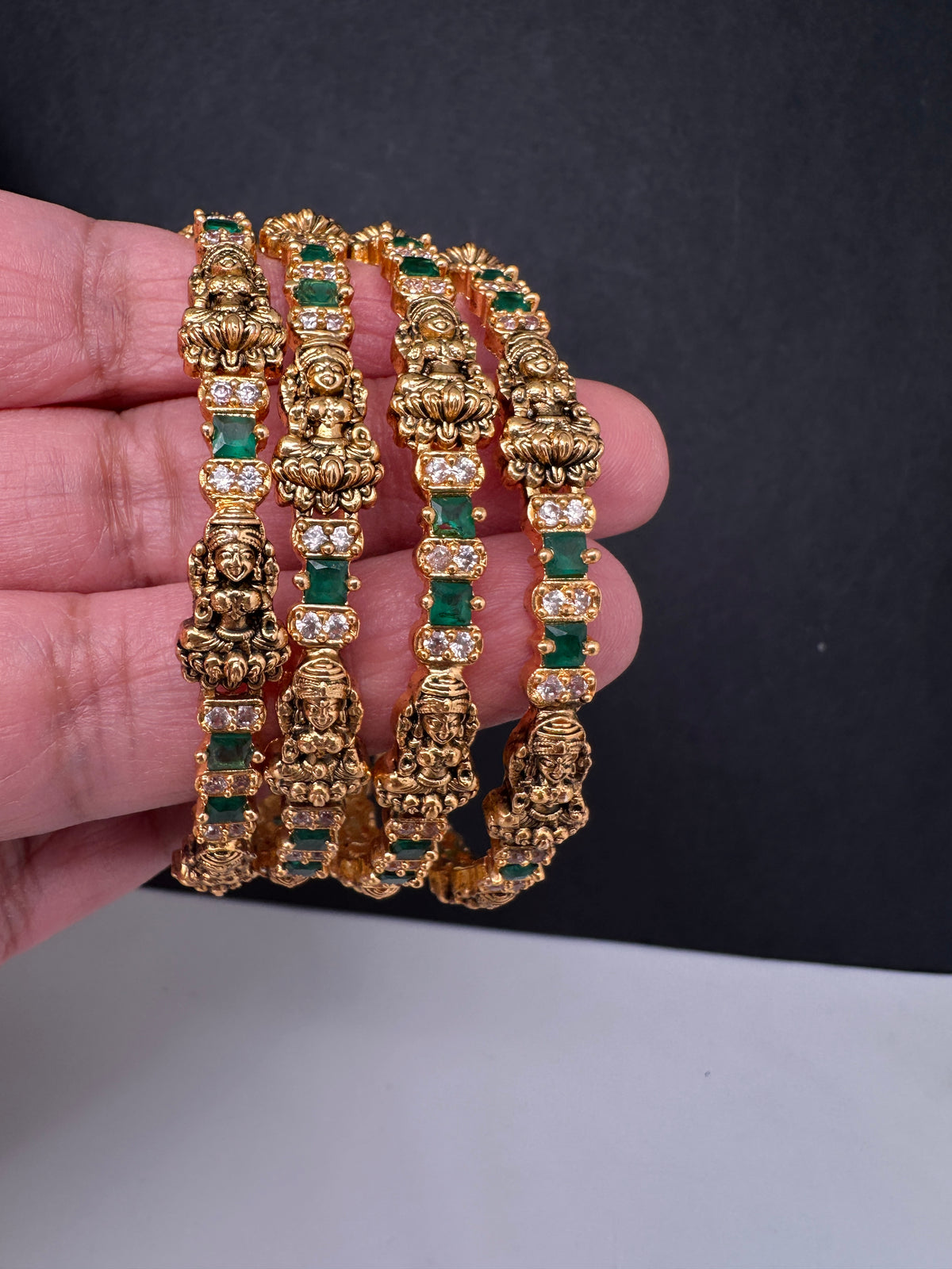 Goddess Lakshmi CZ Green Bangles - BN000562