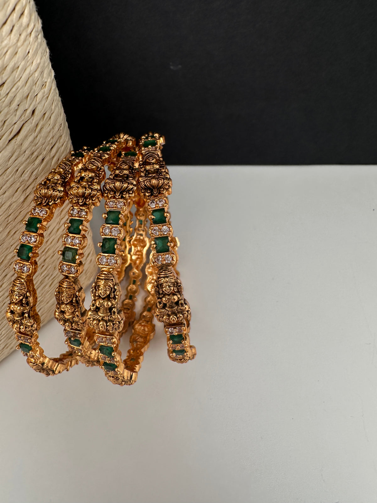 Goddess Lakshmi CZ Green Bangles - BN000562