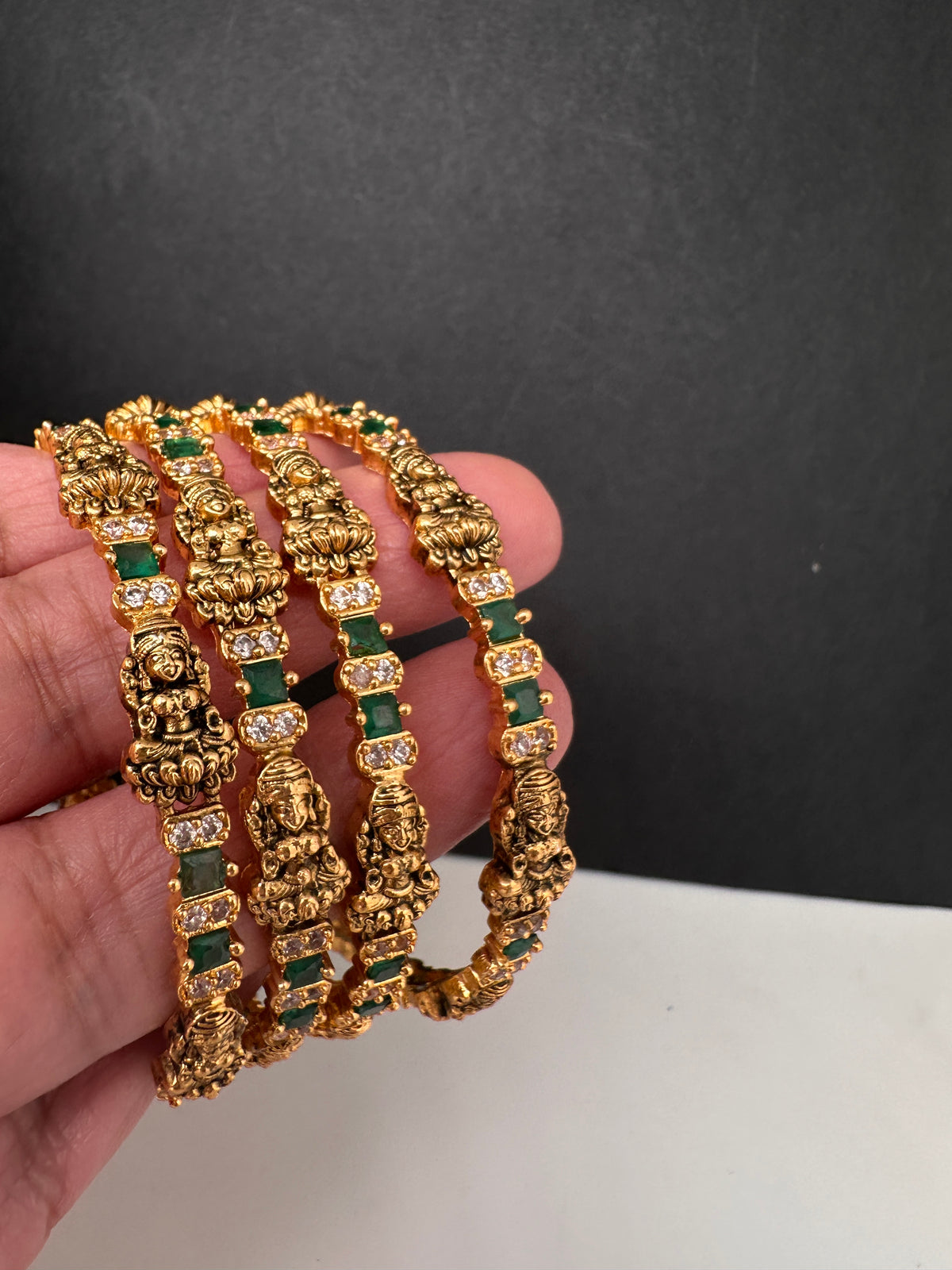 Goddess Lakshmi CZ Green Bangles - BN000562