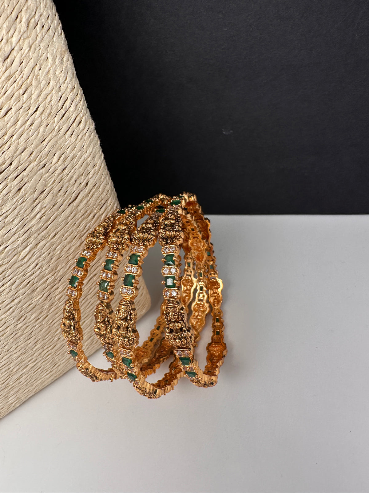 Goddess Lakshmi CZ Green Bangles - BN000562