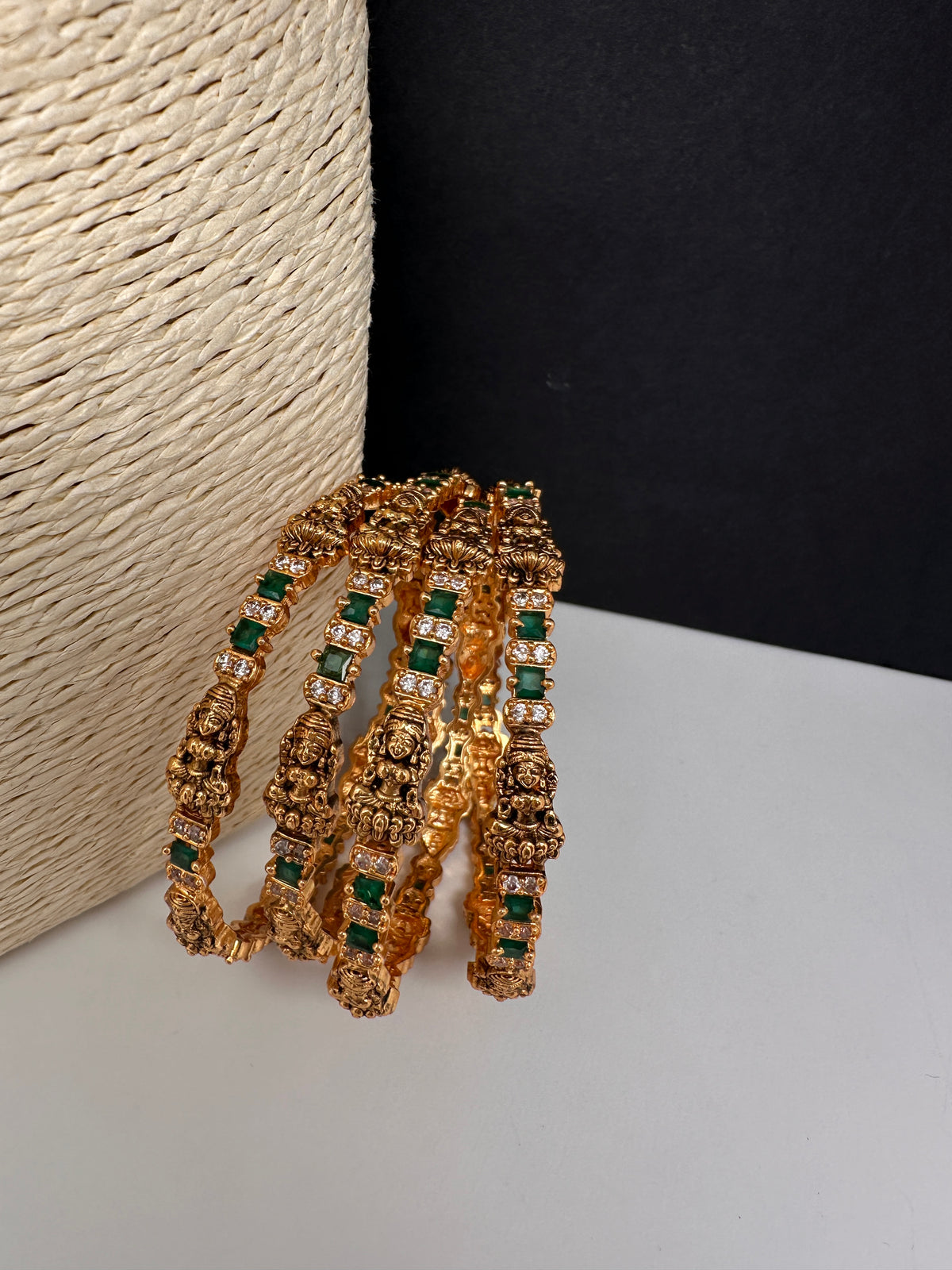 Goddess Lakshmi CZ Green Bangles - BN000562