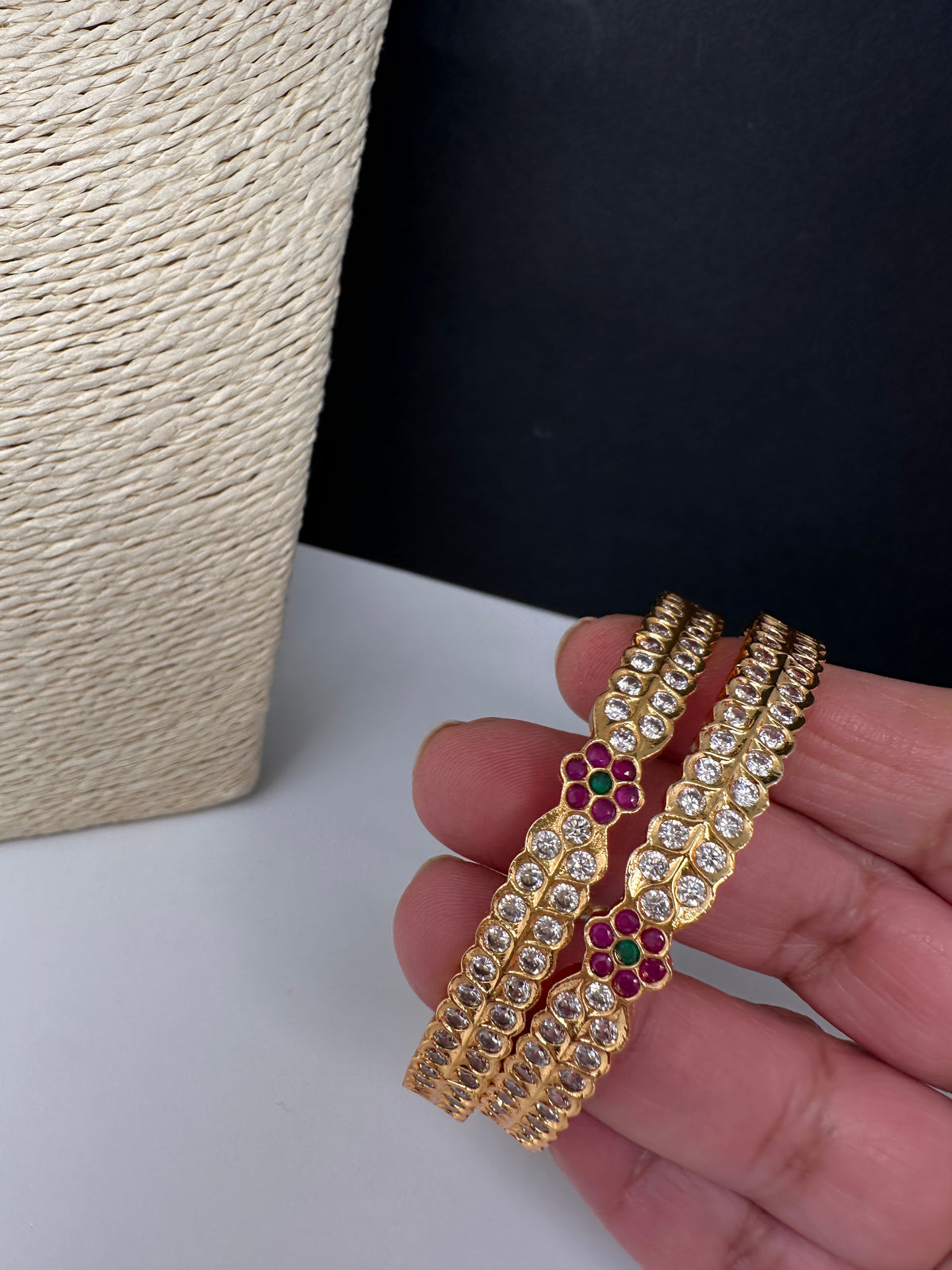 Gold Finish Red Green CZ Bangles - BN000564