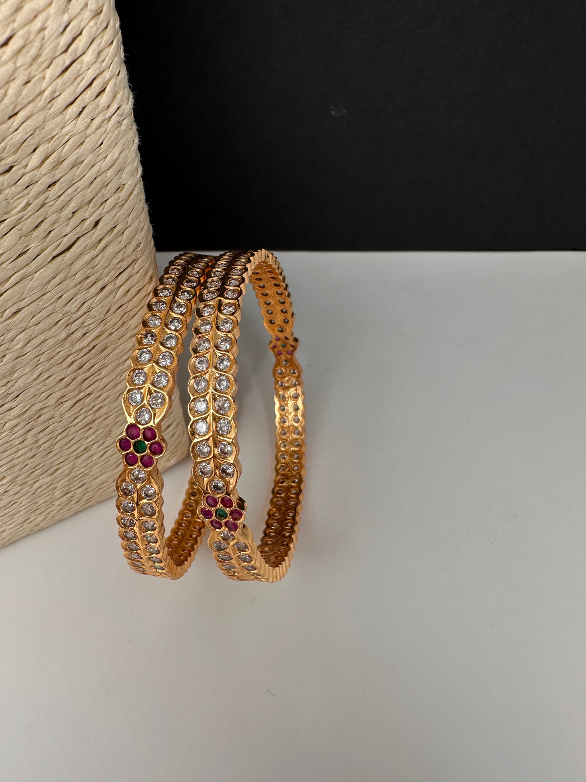 Gold Finish Red Green CZ Bangles - BN000564