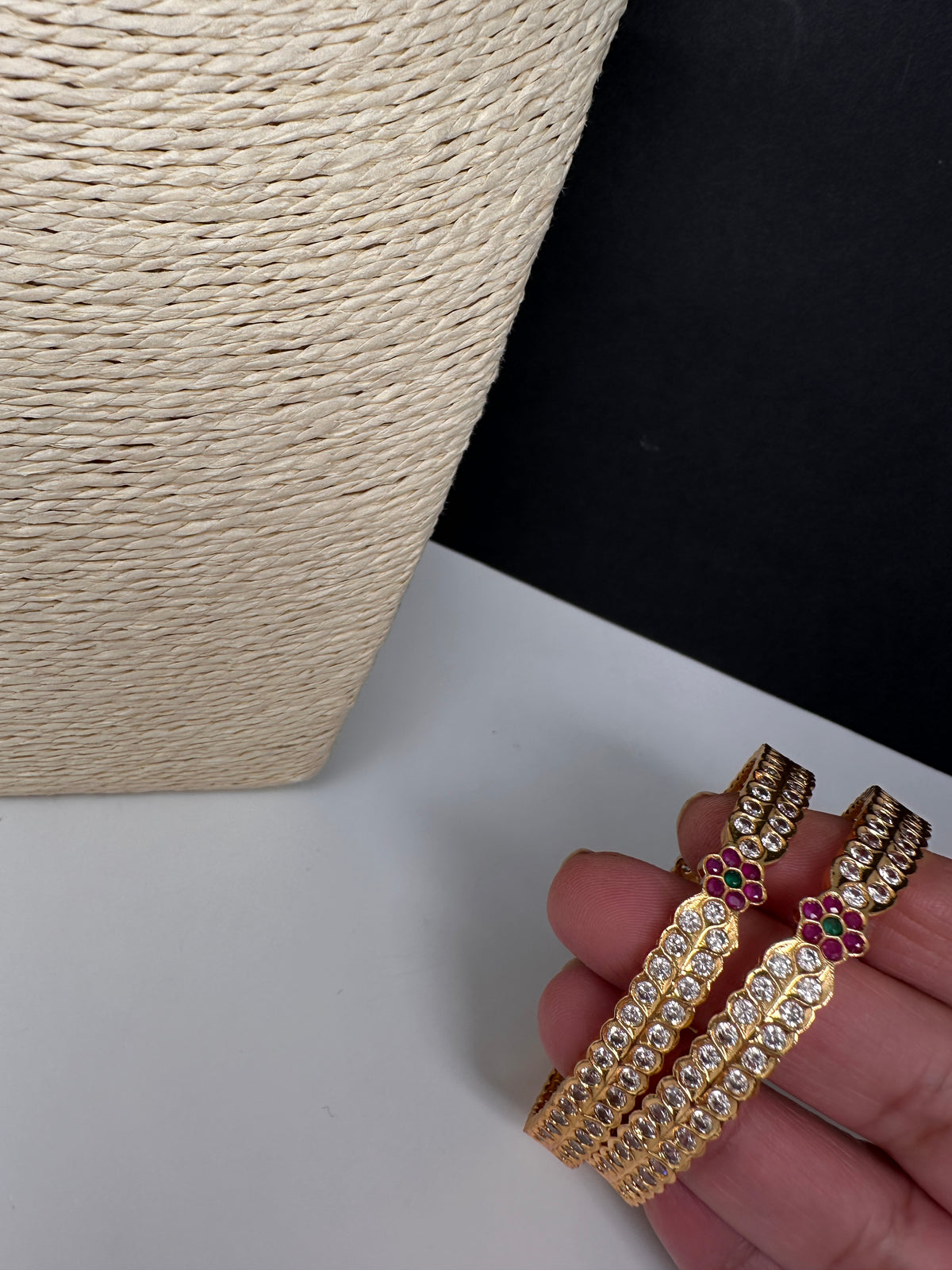 Gold Finish Red Green CZ Bangles - BN000564