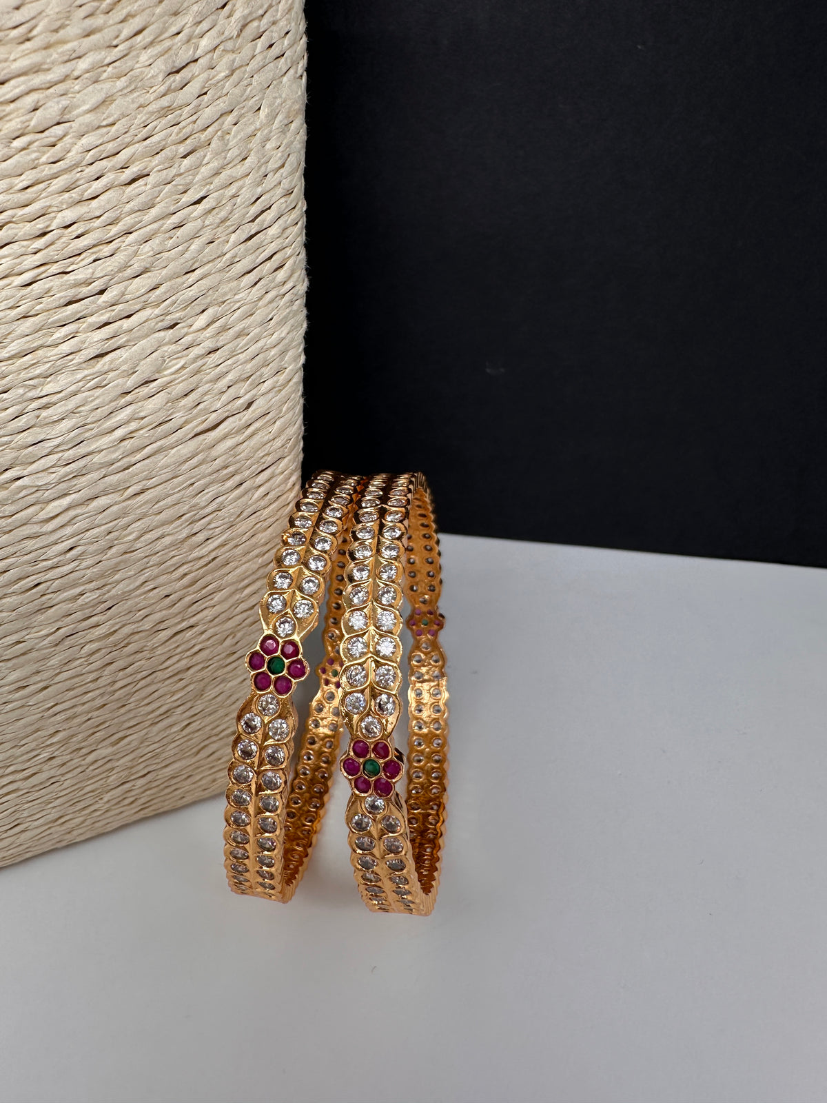 Gold Finish Red Green CZ Bangles - BN000564