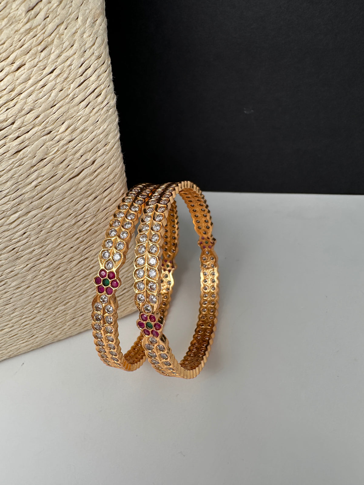 Gold Finish Red Green CZ Bangles - BN000564