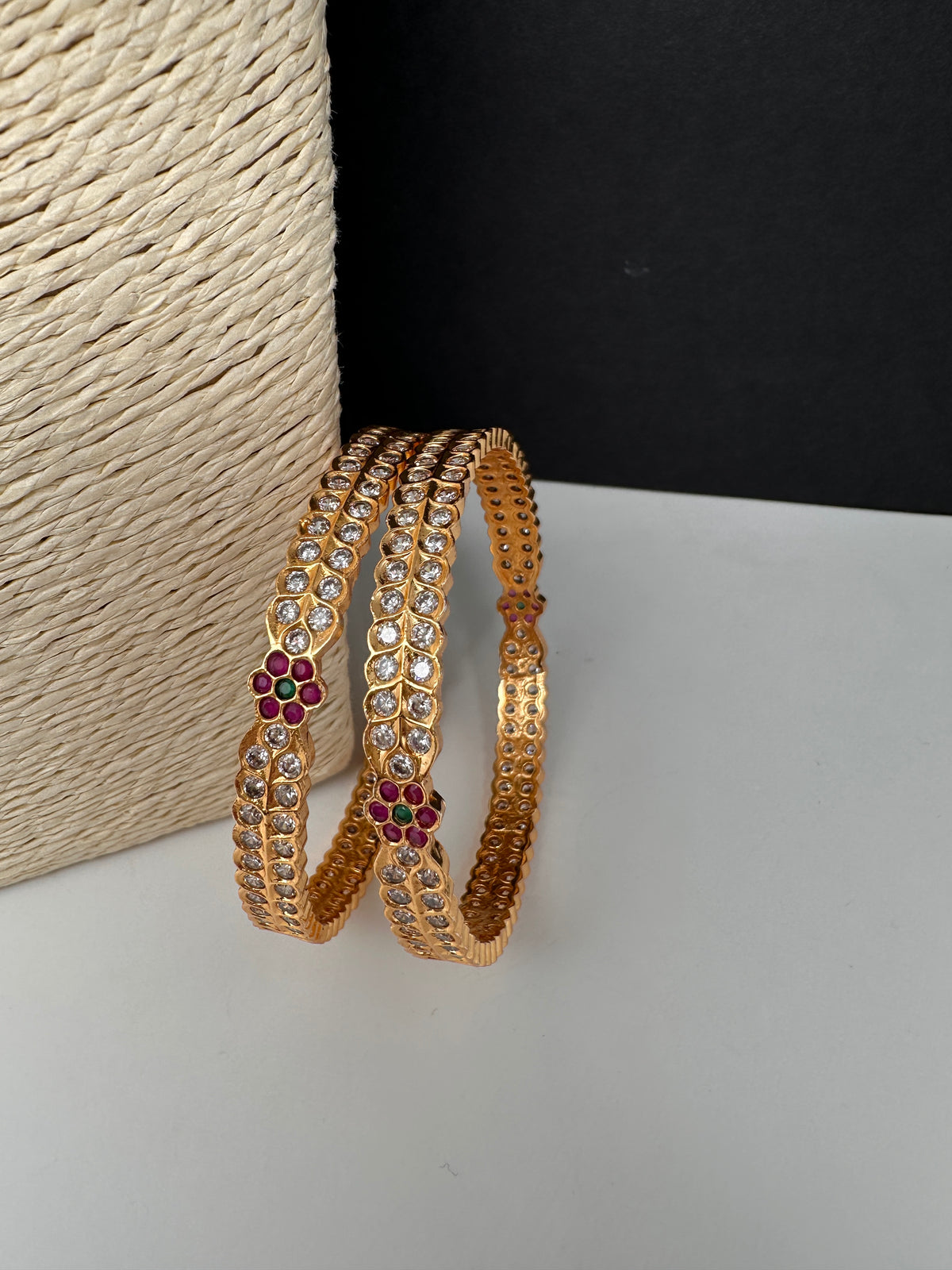 Gold Finish Red Green CZ Bangles - BN000564