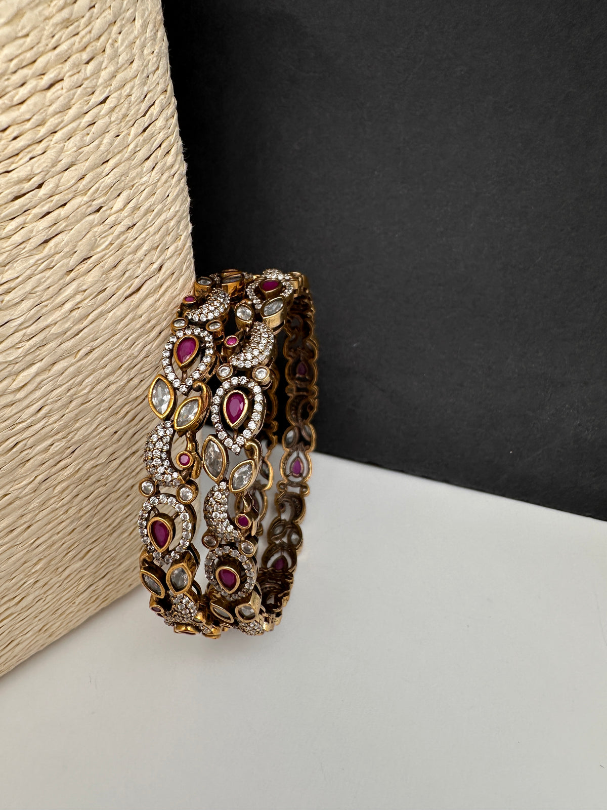 Peacock CZ Red Victorian Sleek Bangles - Pair - BN000567