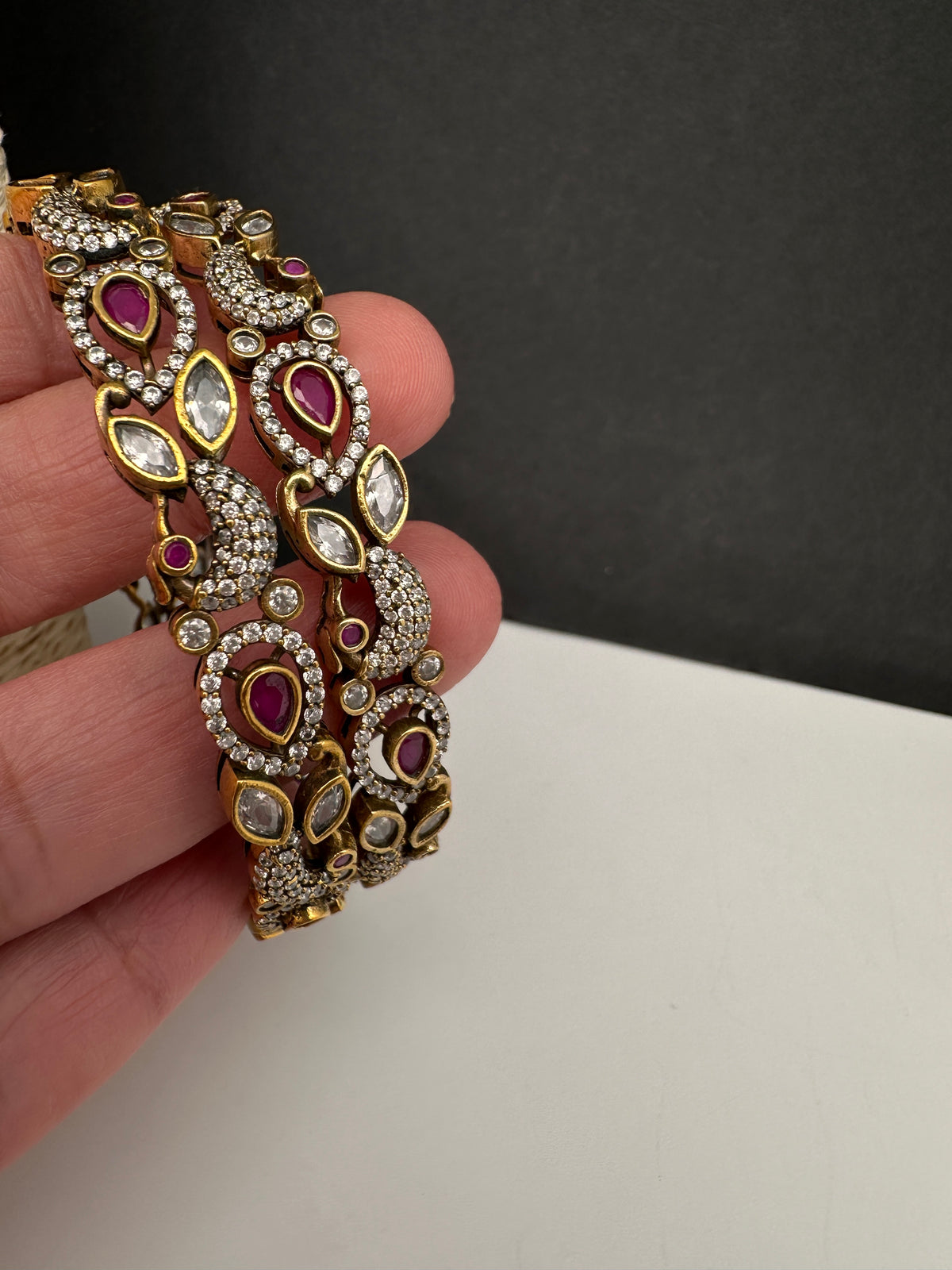 Peacock CZ Red Victorian Sleek Bangles - Pair - BN000567