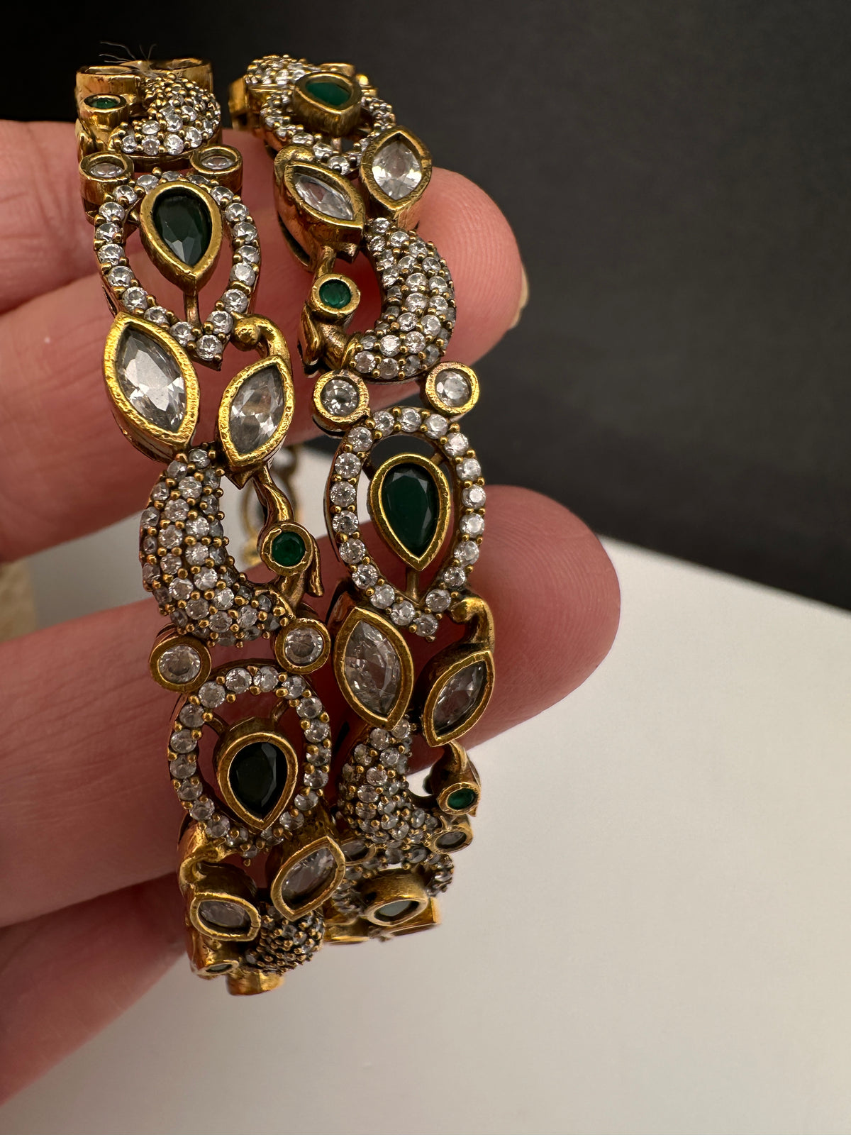 Peacock CZ Green Victorian Sleek Bangles - Pair - BN000568