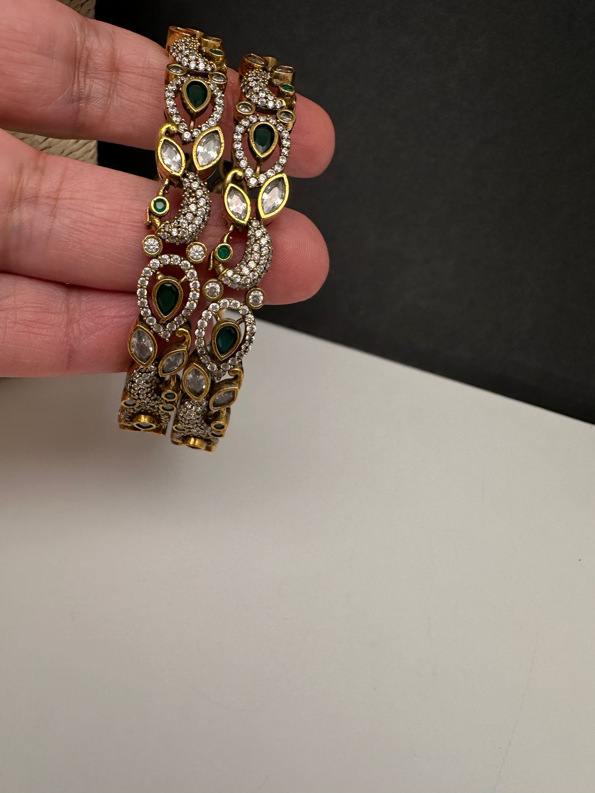 Peacock CZ Green Victorian Sleek Bangles - Pair - BN000568