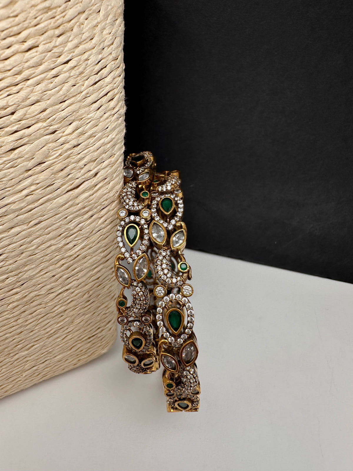 Peacock CZ Green Victorian Sleek Bangles - Pair - BN000568