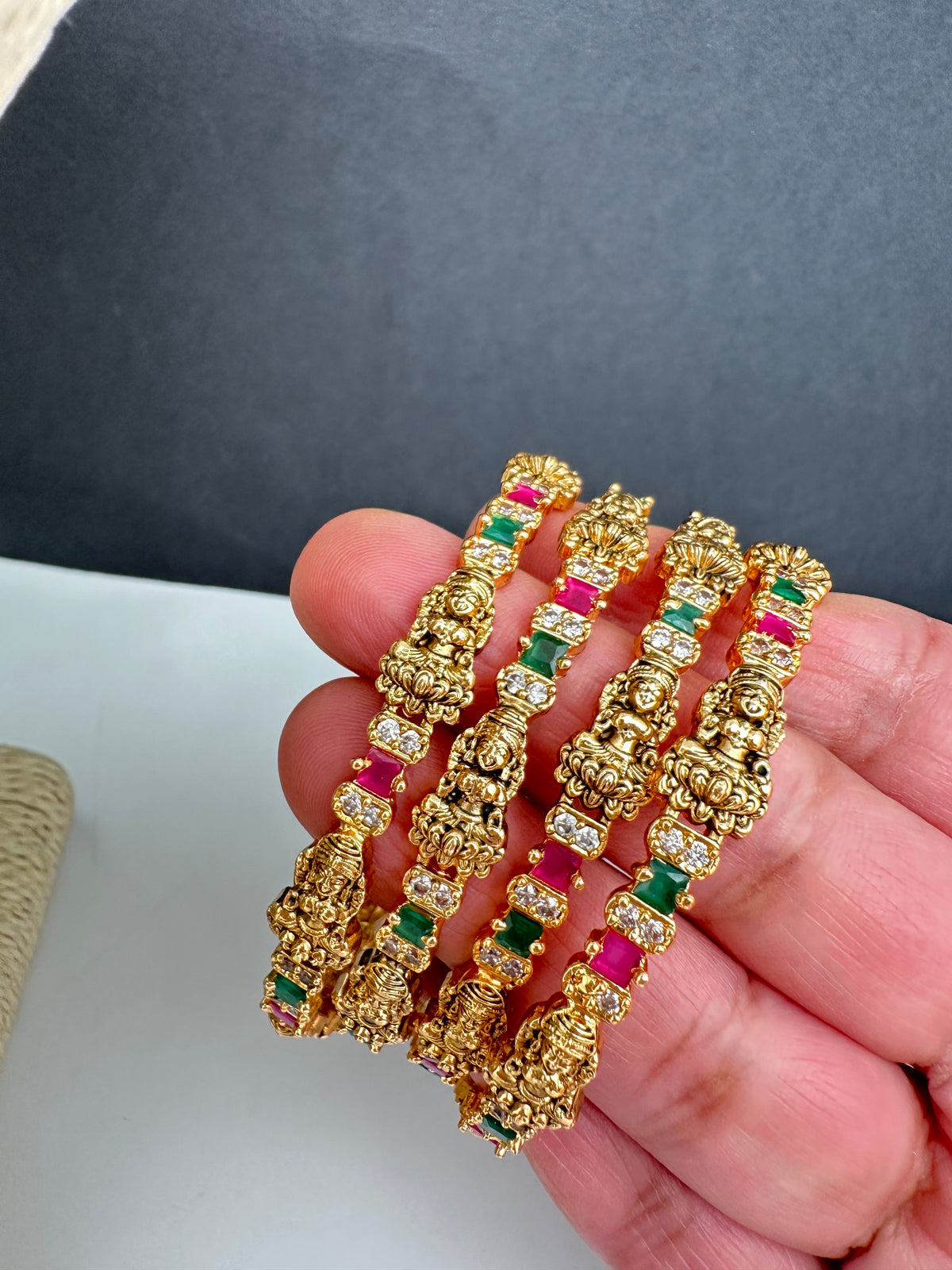 Set of 4 Sleek Goddess Lakshmi Bangles in CZ Red and Green Stones - 2.8