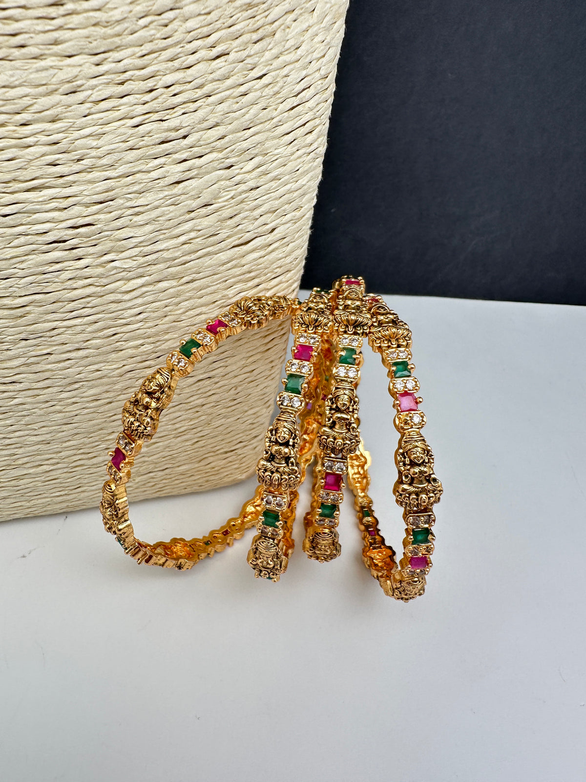 Set of 4 Sleek Goddess Lakshmi Bangles in CZ Red and Green Stones - 2.8