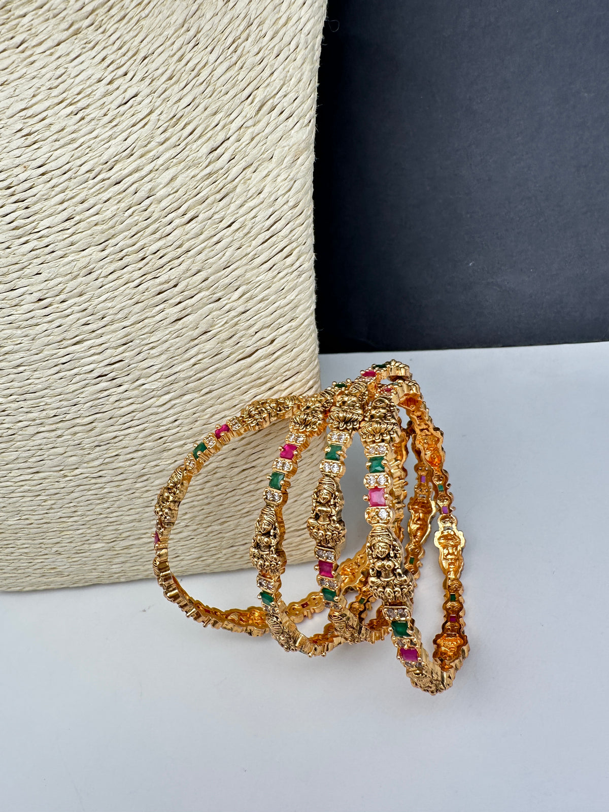 Set of 4 Sleek Goddess Lakshmi Bangles in CZ Red and Green Stones - 2.8