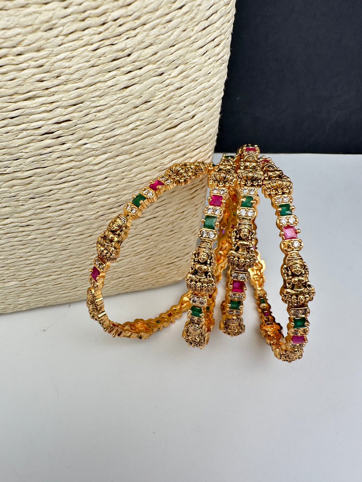 Set of 4 Sleek Goddess Lakshmi Bangles in CZ Red and Green Stones - 2.8