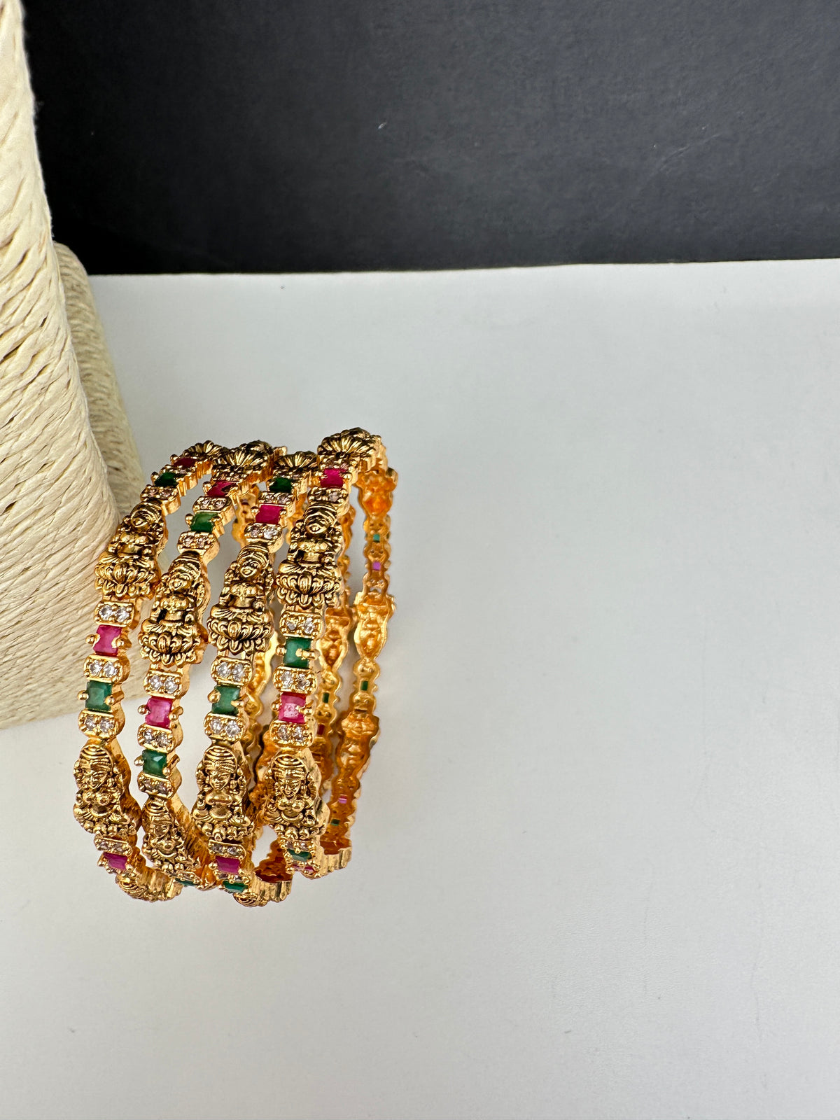 Set of 4 Sleek Goddess Lakshmi Bangles in CZ Red and Green Stones - 2.8