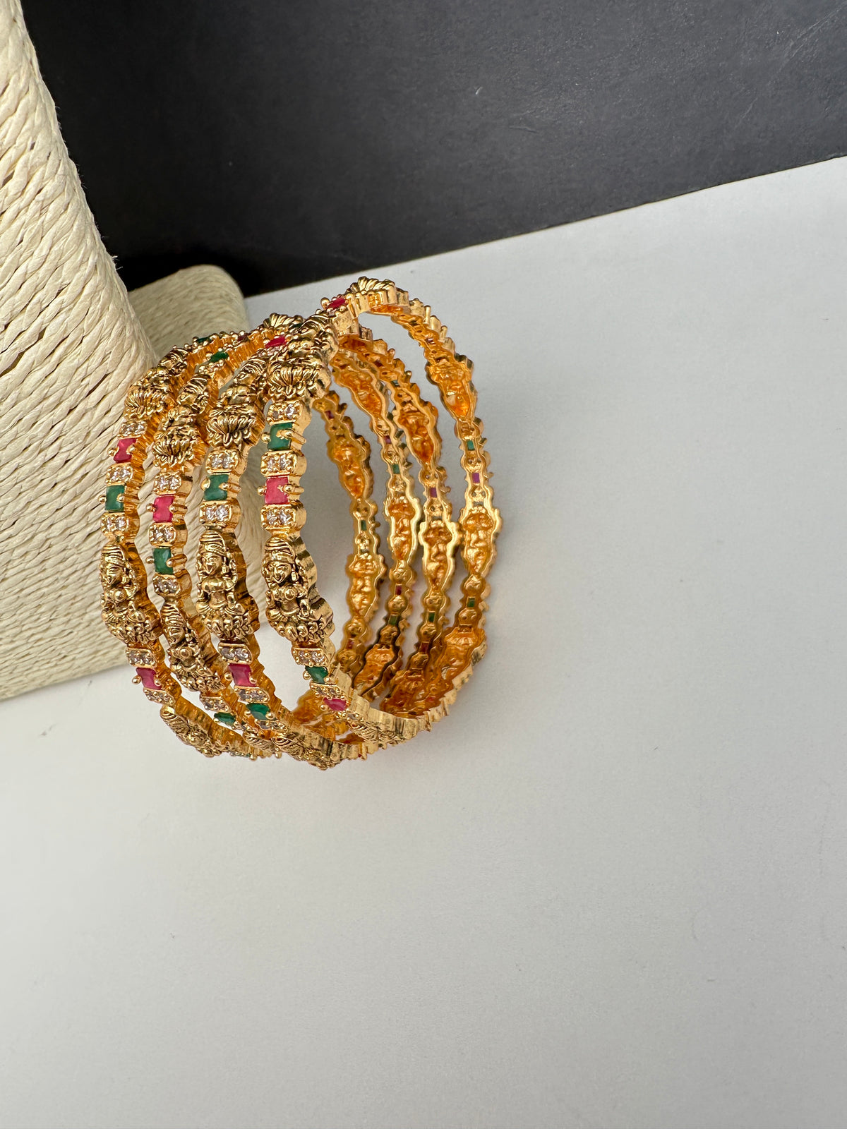 Set of 4 Sleek Goddess Lakshmi Bangles in CZ Red and Green Stones - 2.8