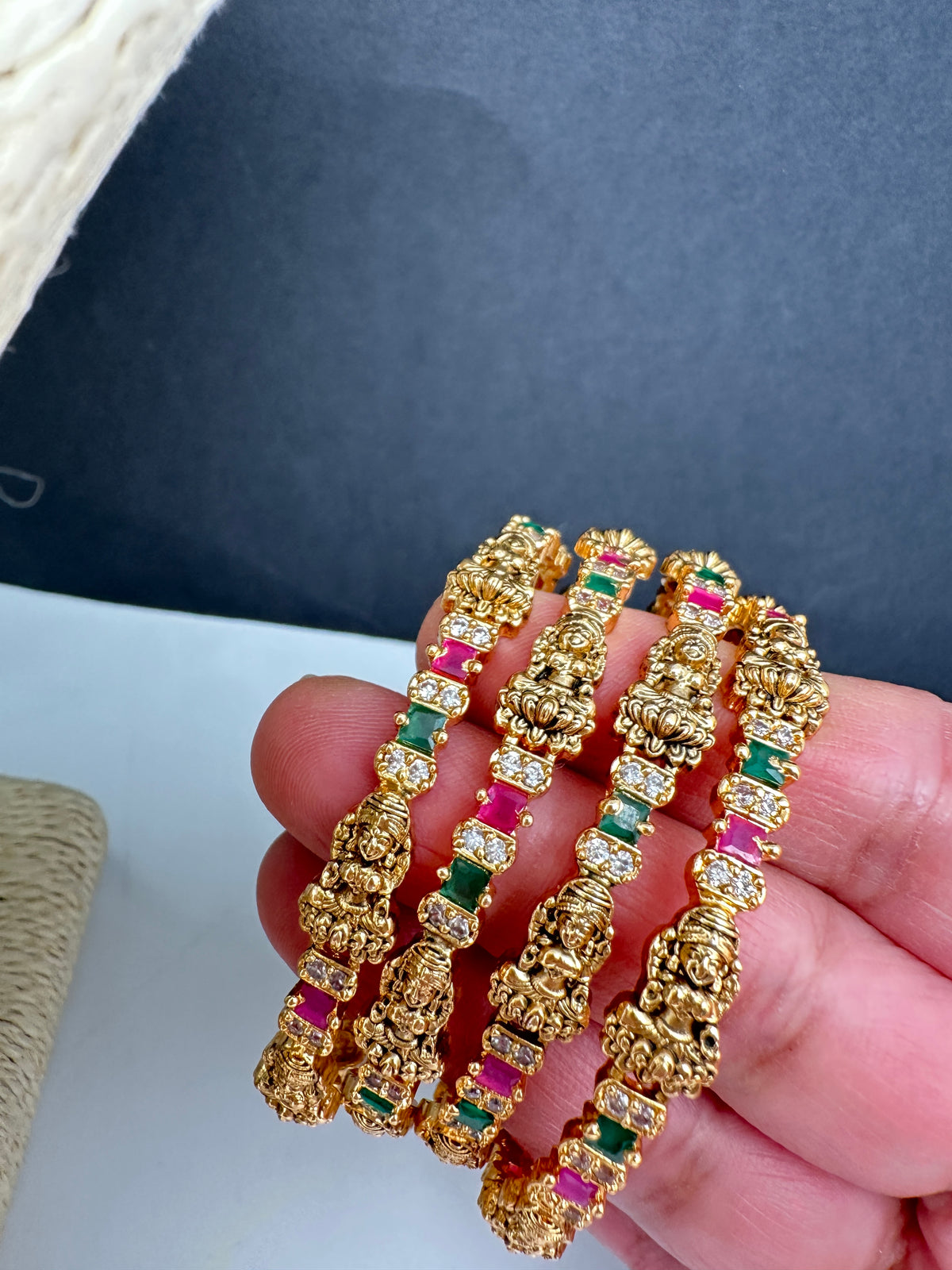 Set of 4 Sleek Goddess Lakshmi Bangles in CZ Red and Green Stones - 2.8