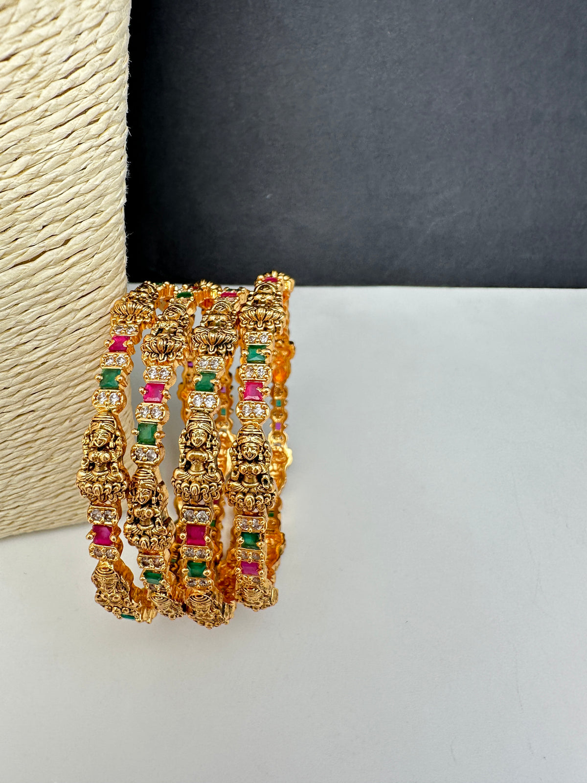 Set of 4 Sleek Goddess Lakshmi Bangles in CZ Red and Green Stones - 2.8