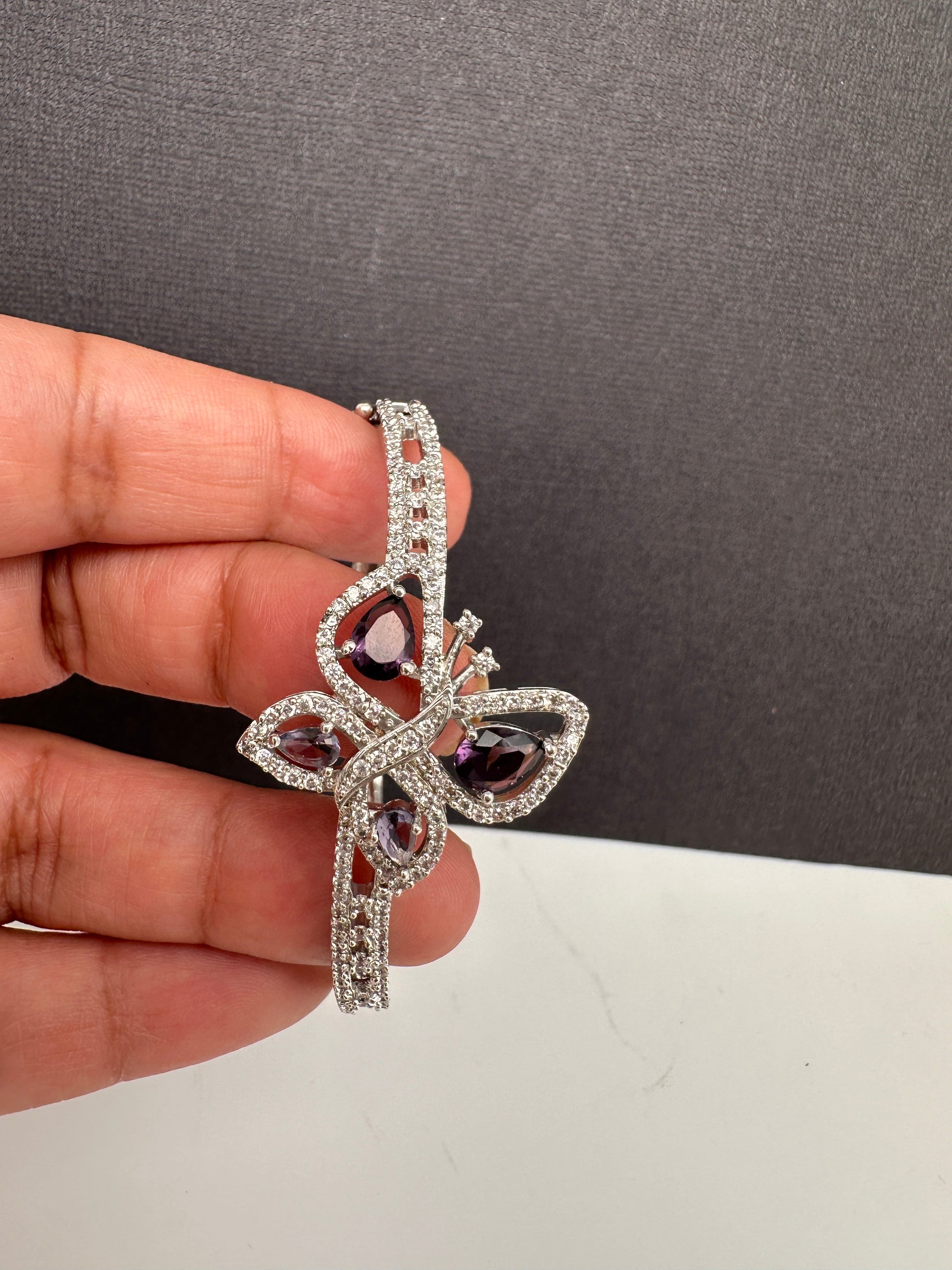 CZ Silver Finish Color Stone Openable Bracelet - Purple
