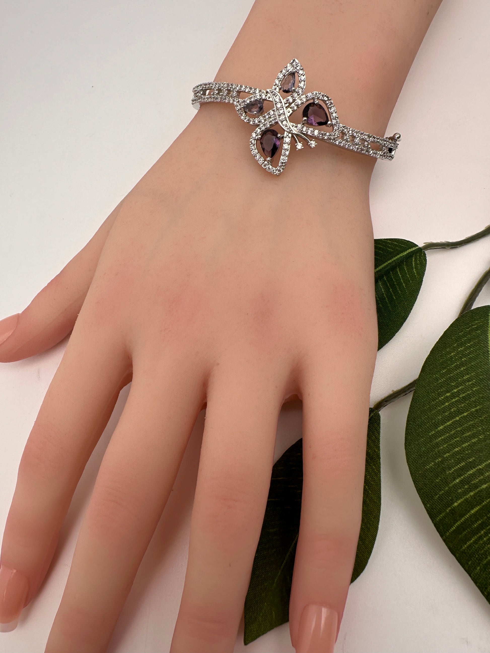 CZ Silver Finish Color Stone Openable Bracelet - Purple
