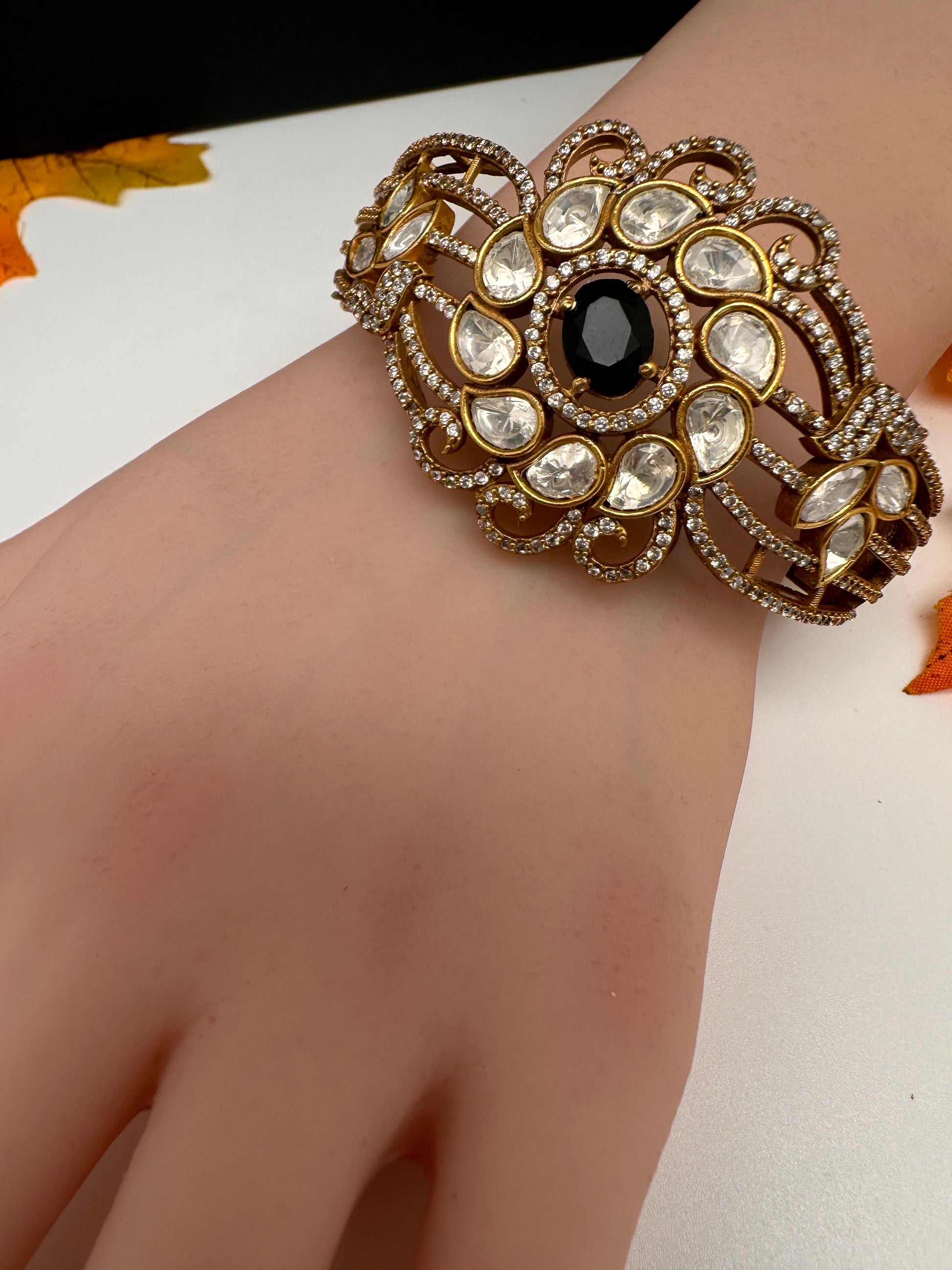 CZ Kundan Color Stone Openable Bracelet - Black