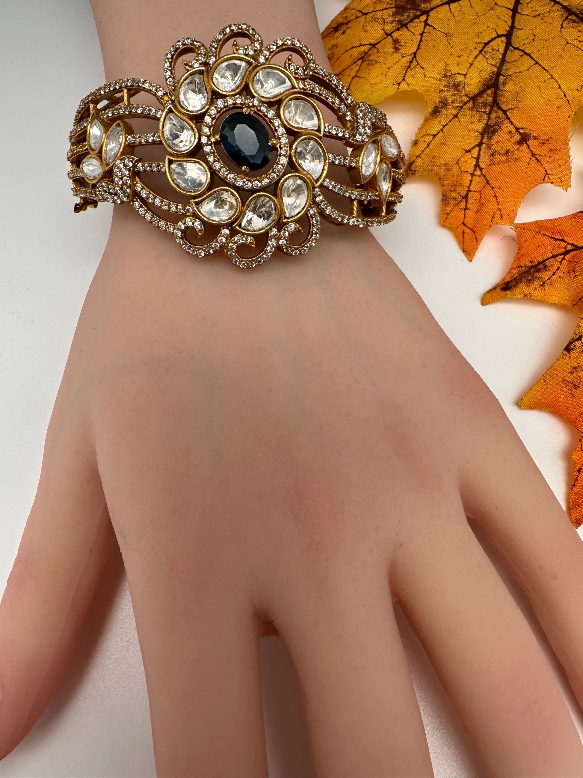 CZ Kundan Color Stone Openable Bracelet - Blue