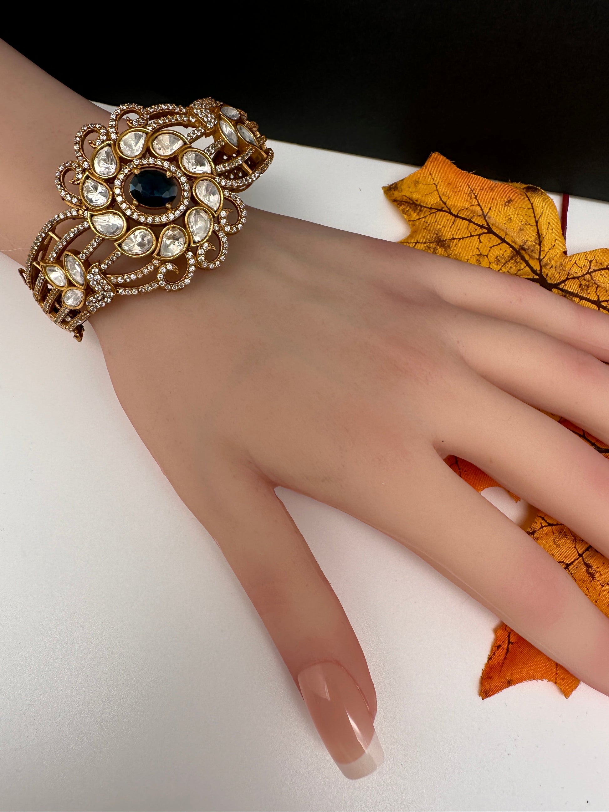 CZ Kundan Color Stone Openable Bracelet - Blue