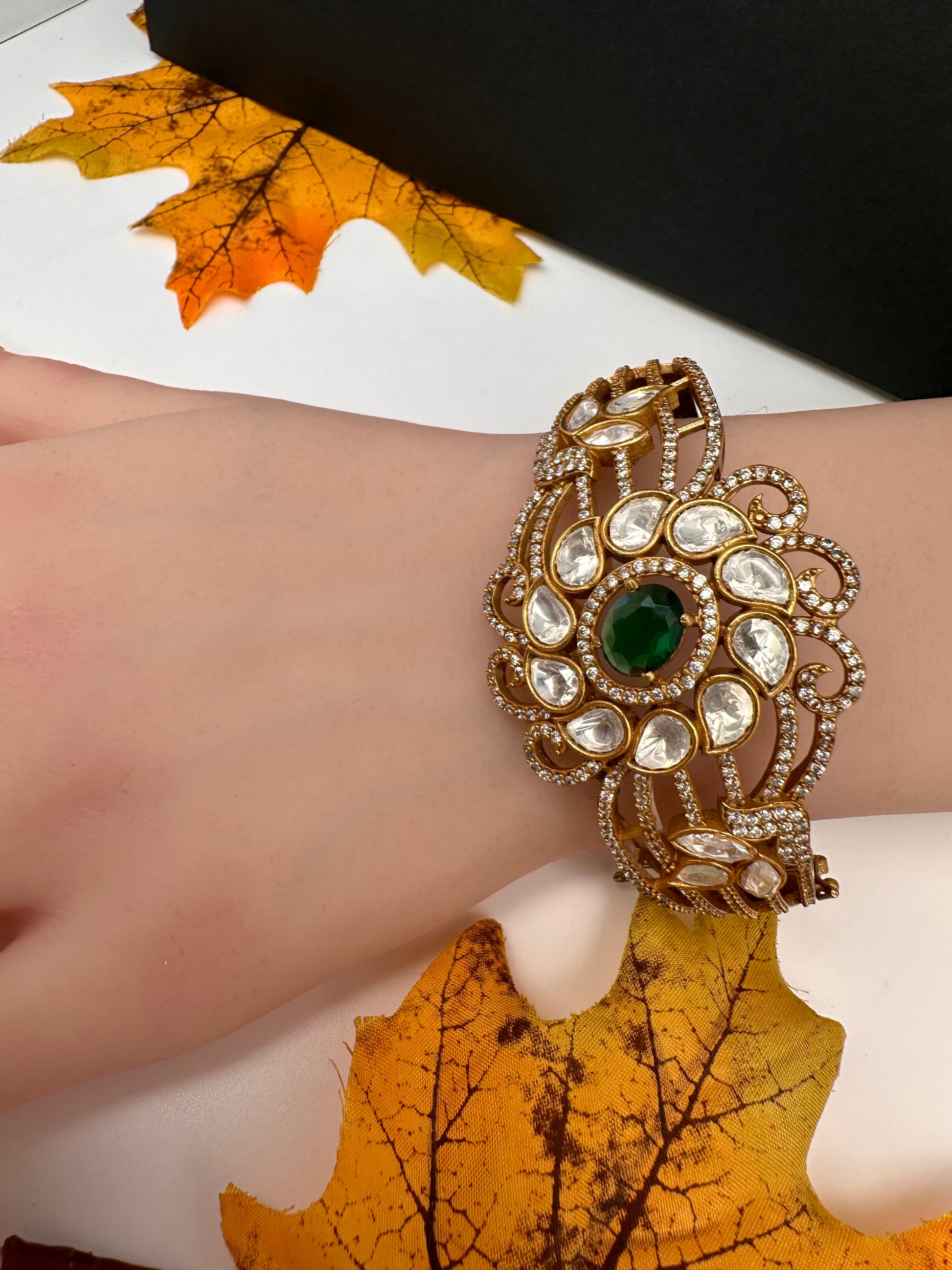 CZ Kundan Color Stone Openable Bracelet - Green