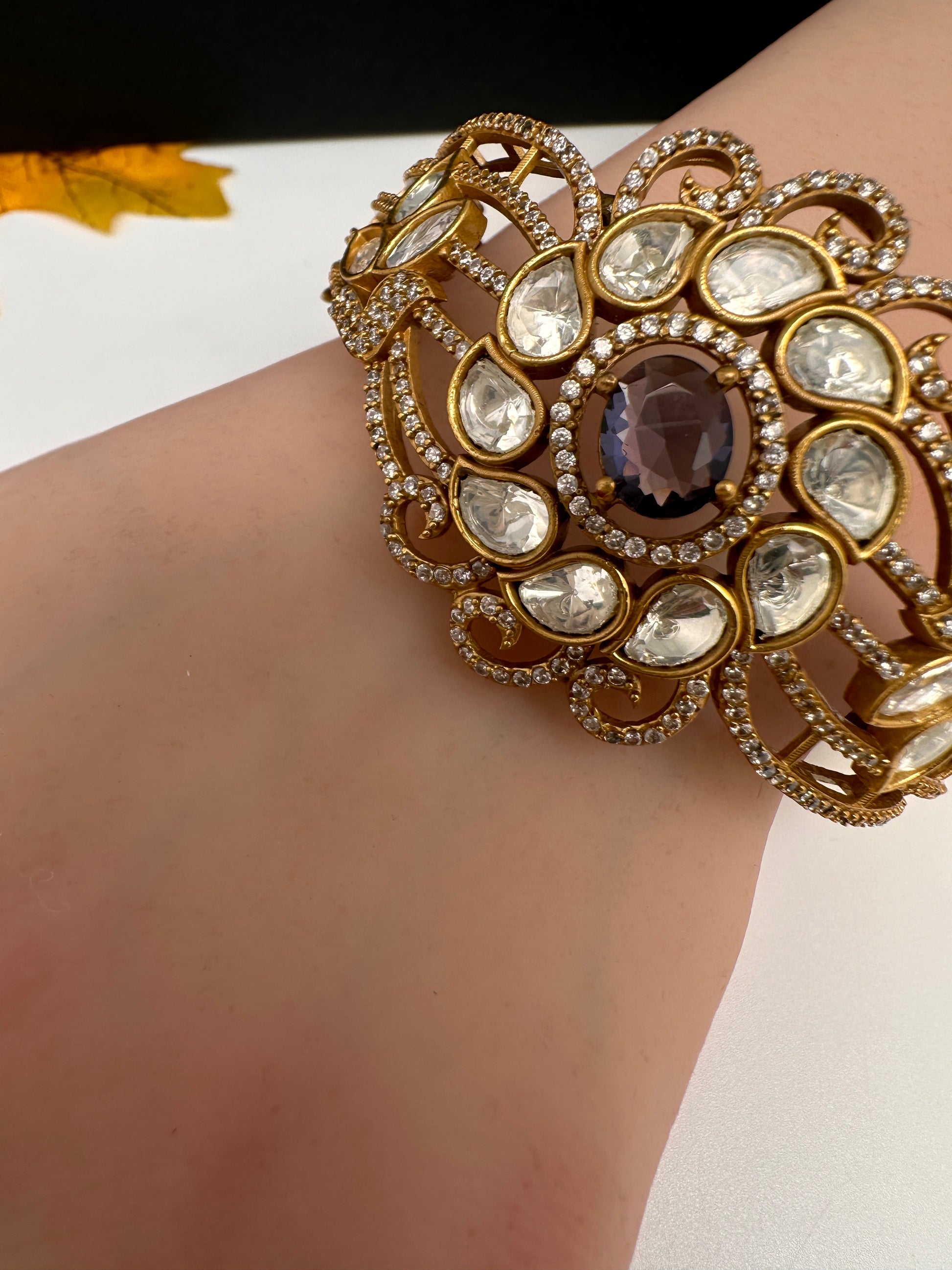 CZ Kundan Color Stone Openable Bracelet - Purple