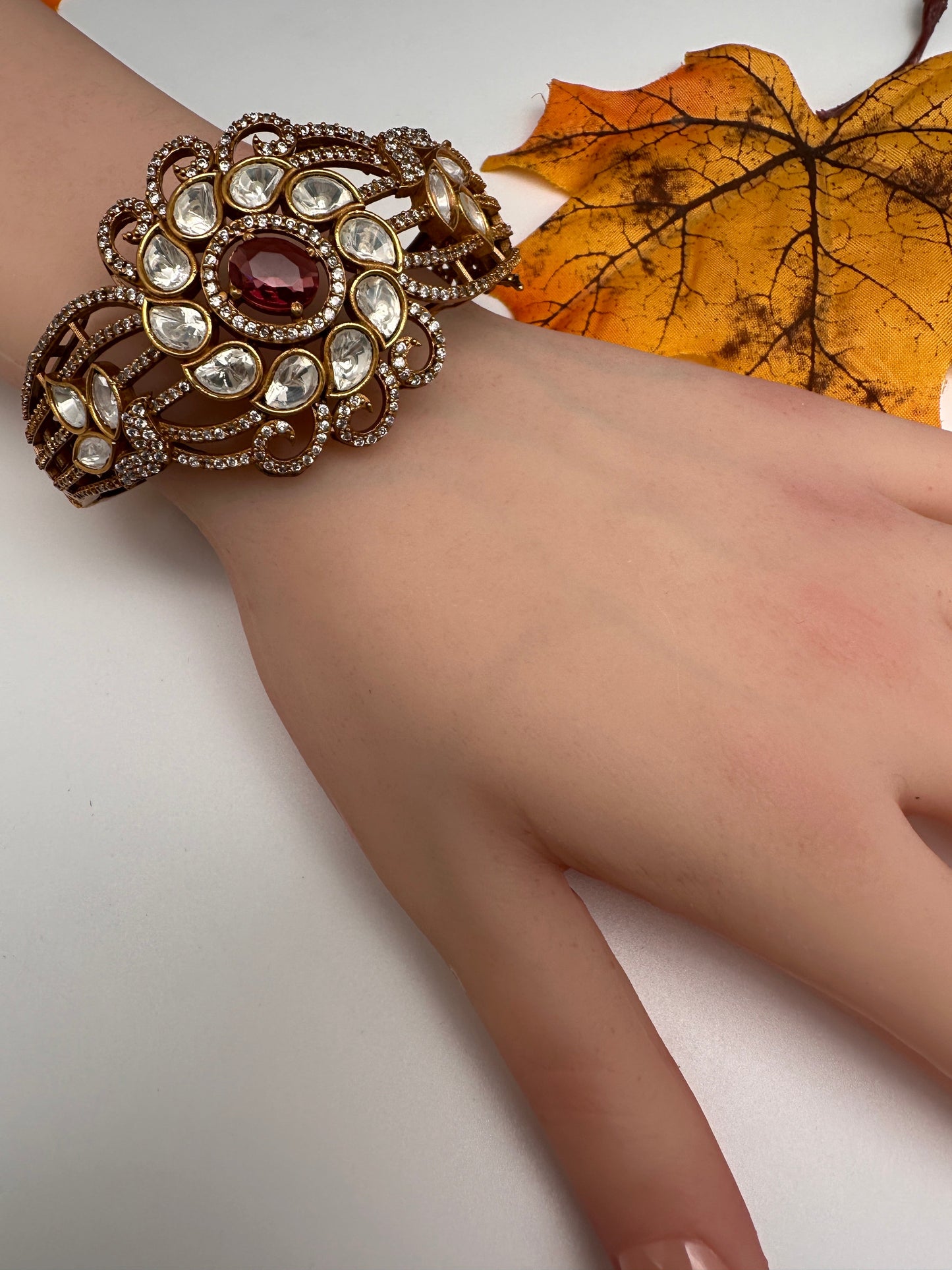 CZ Kundan Color Stone Openable Bracelet - Red