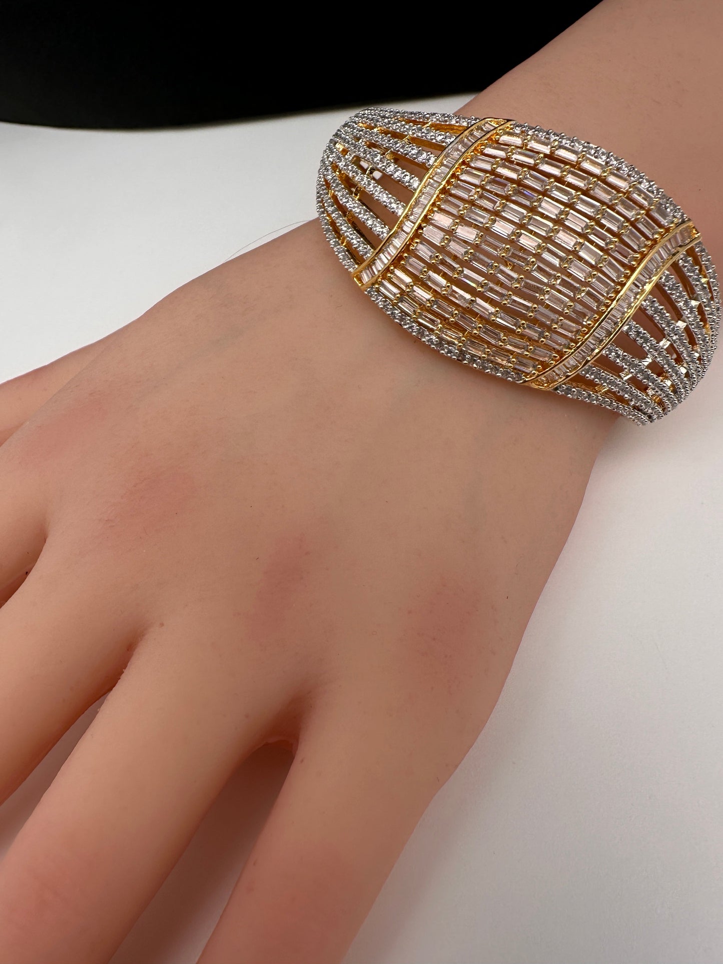 AD Baguette Cut  Gold Finish Openable Kada Bracelet