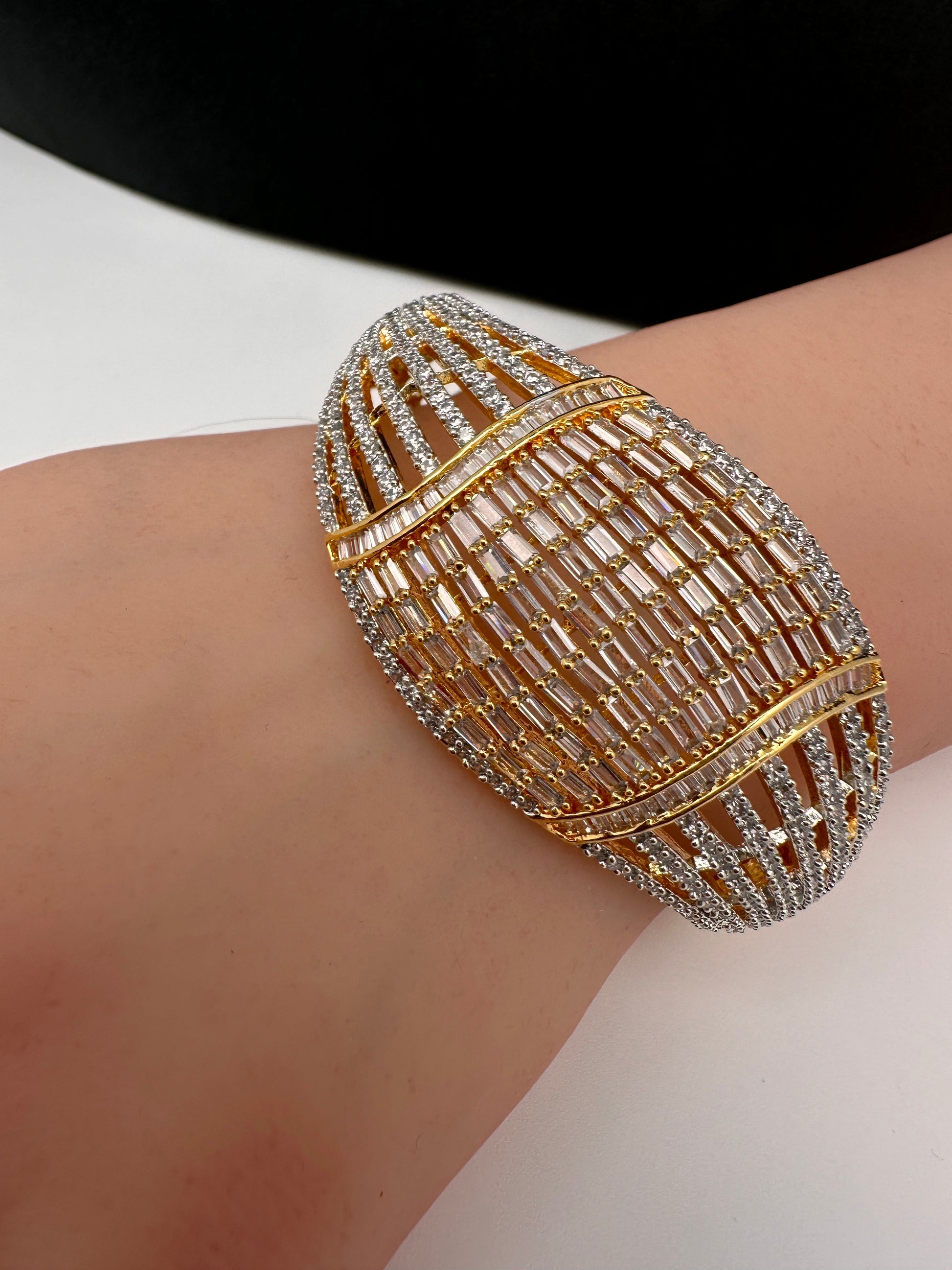 AD Baguette Cut  Gold Finish Openable Kada Bracelet