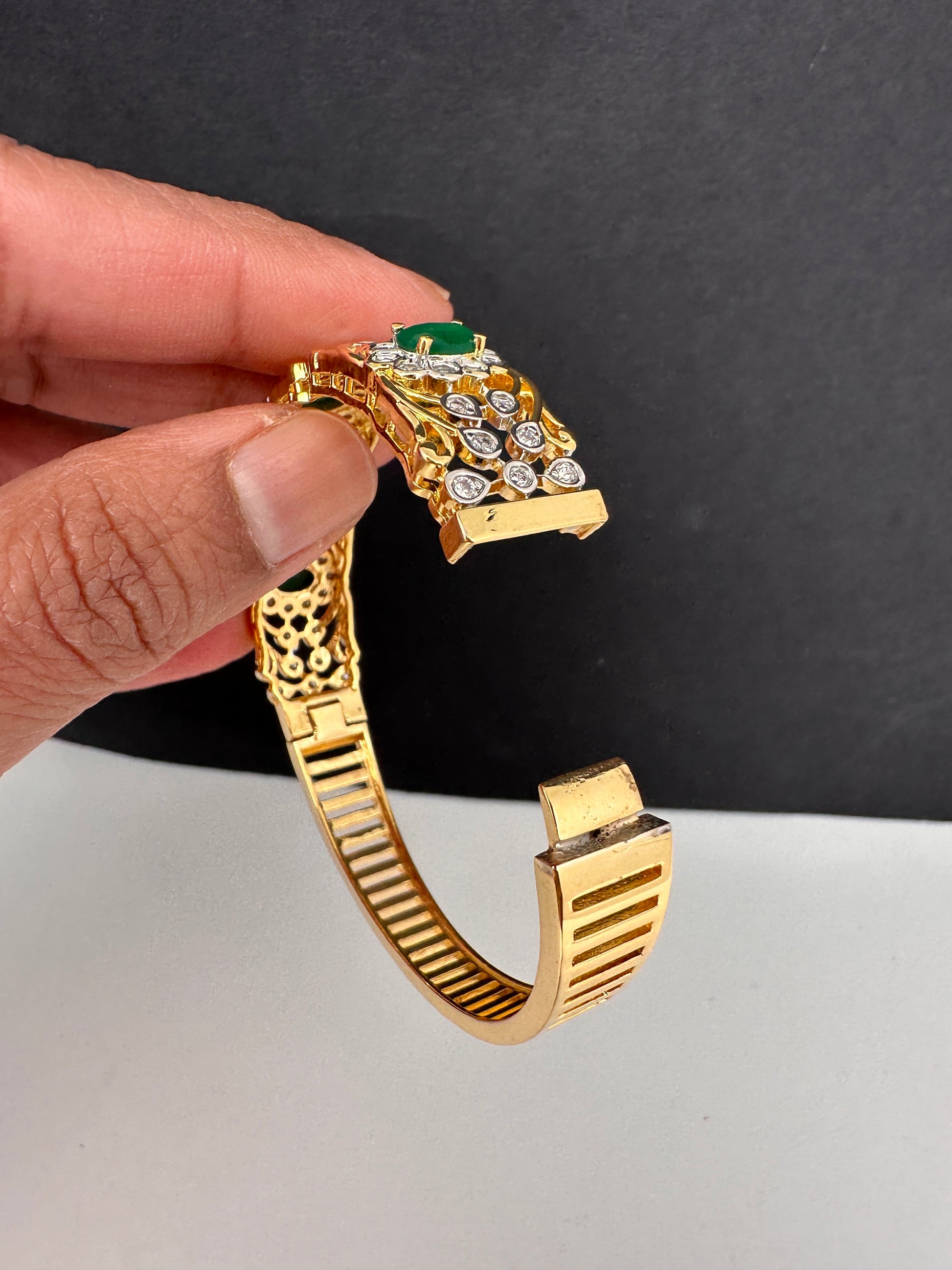 AD Diamond Openable Kada Bracelet - Green