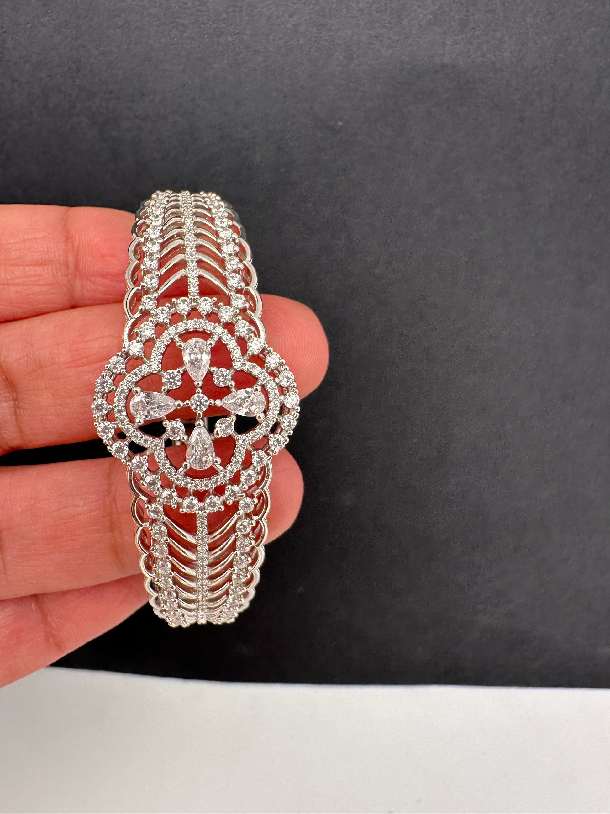 AD Diamond Openable Kada Bracelet - Silver