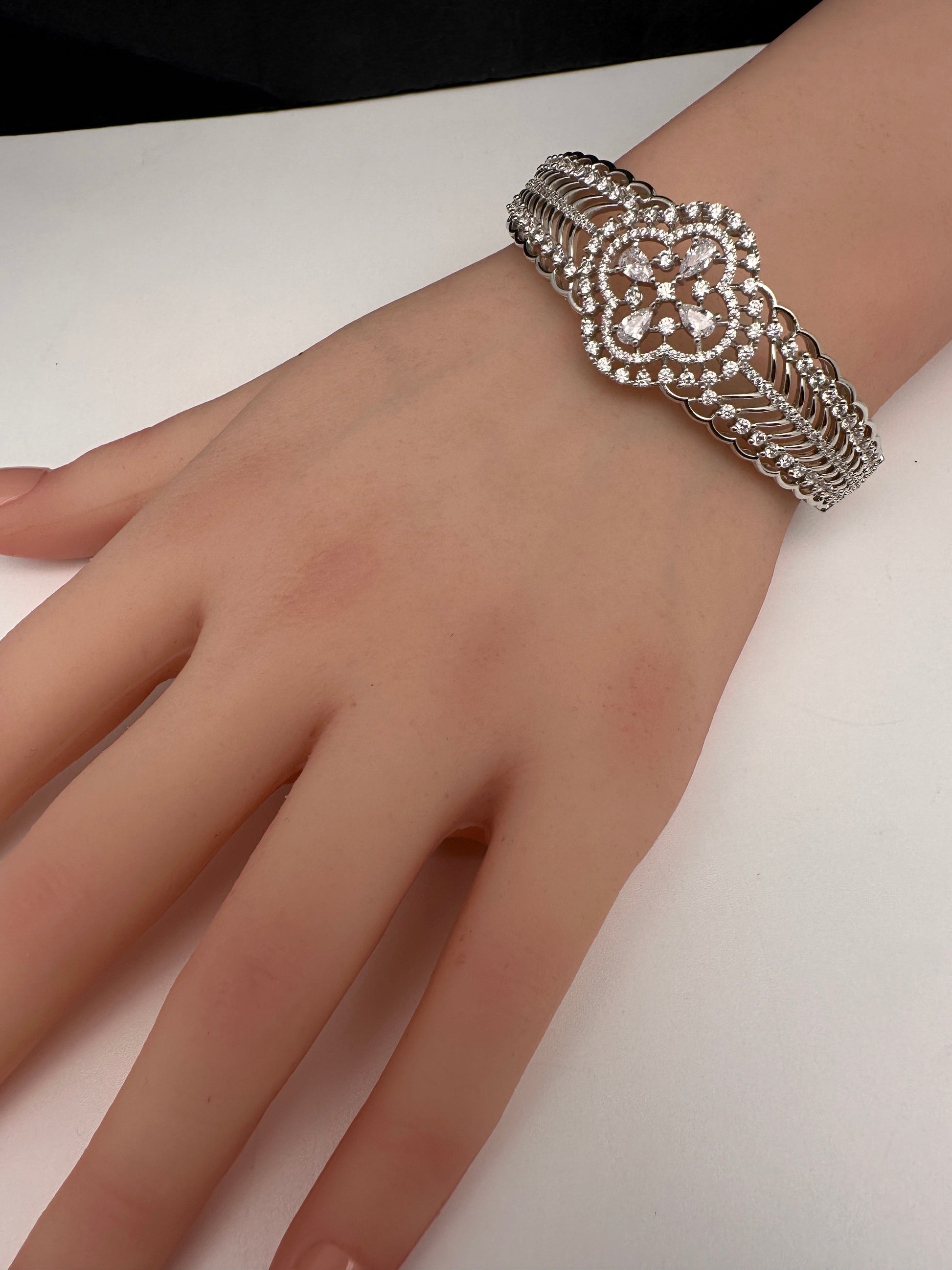 AD Diamond Openable Kada Bracelet - Silver