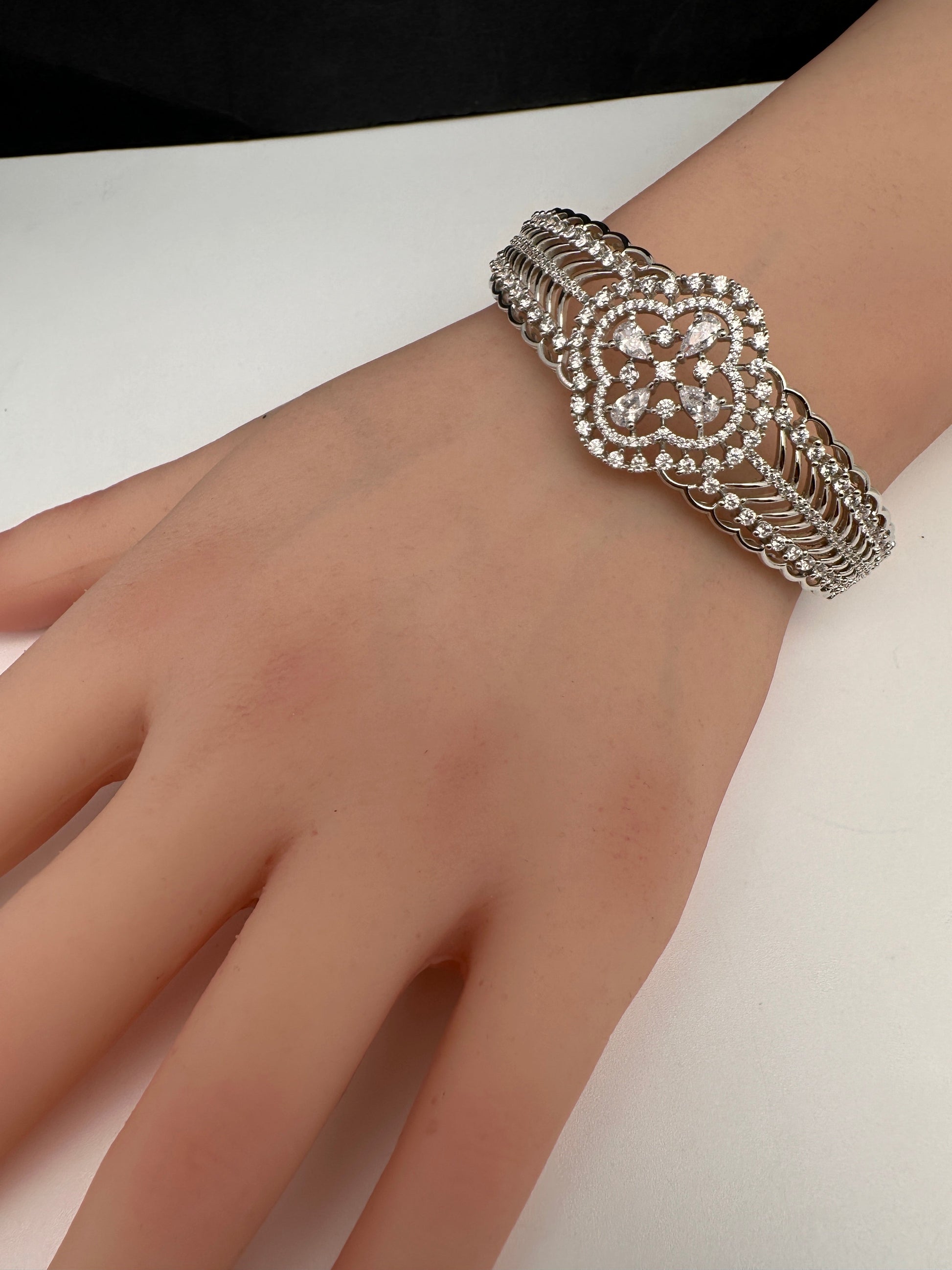 AD Diamond Openable Kada Bracelet - Silver