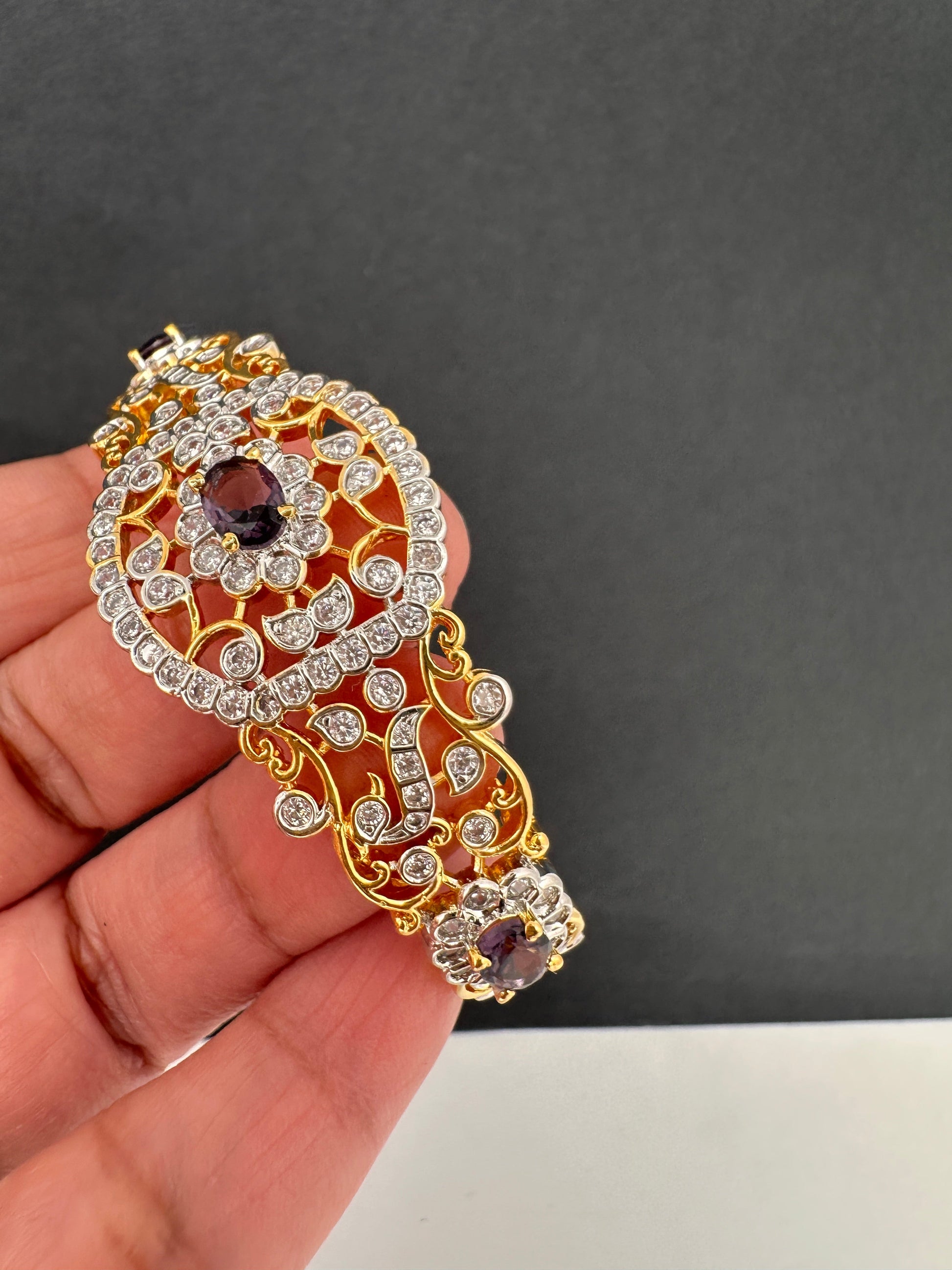 AD Diamond Openable Kada Bracelet - Purple