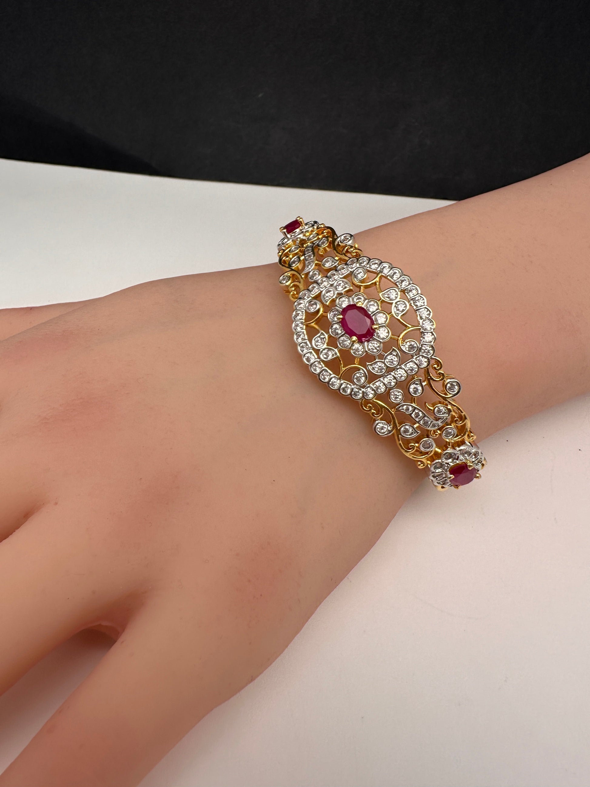 AD Diamond Openable Kada Bracelet - Red