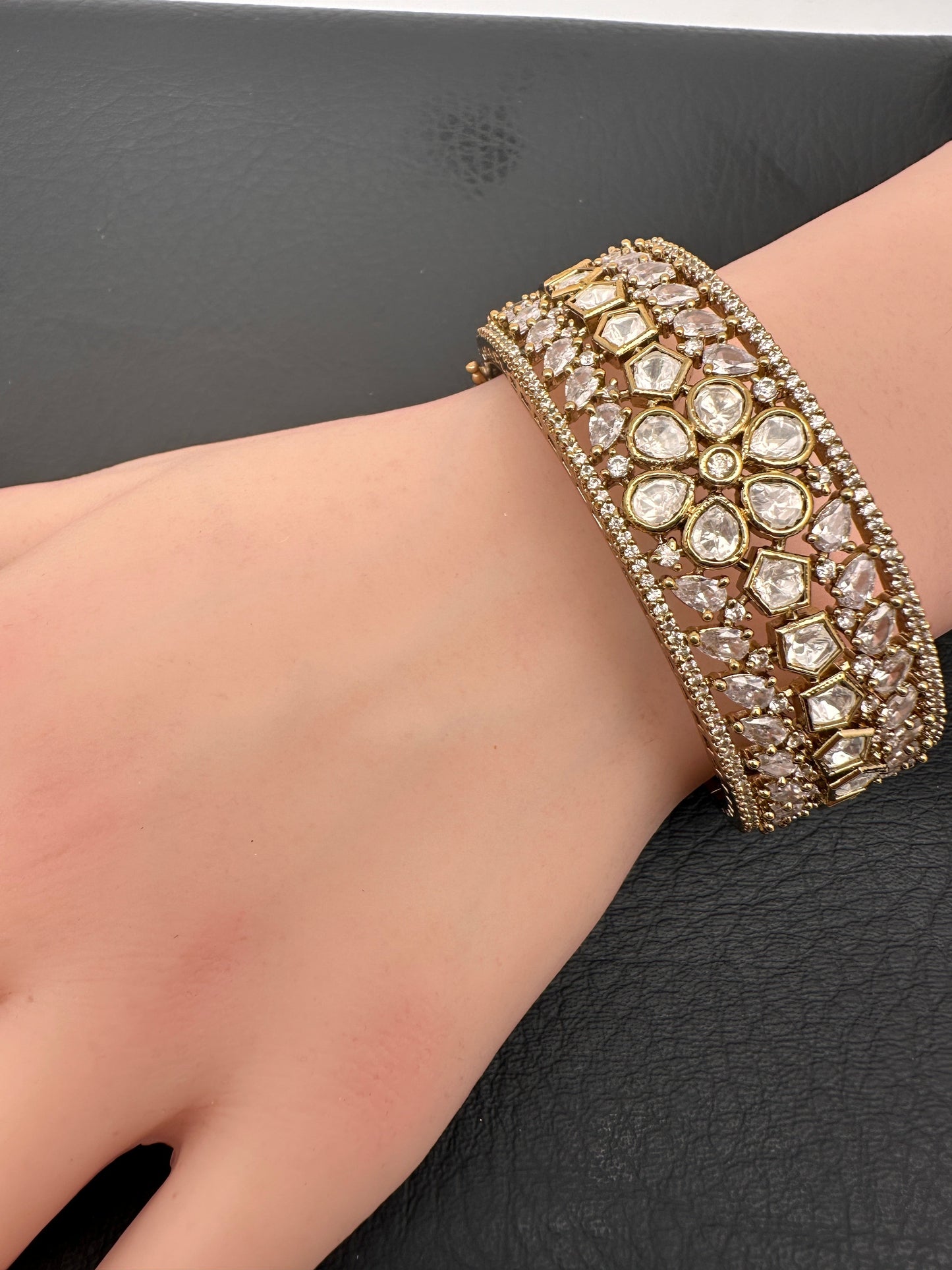 Kundan Matte Openable Kada Bracelet - Clear